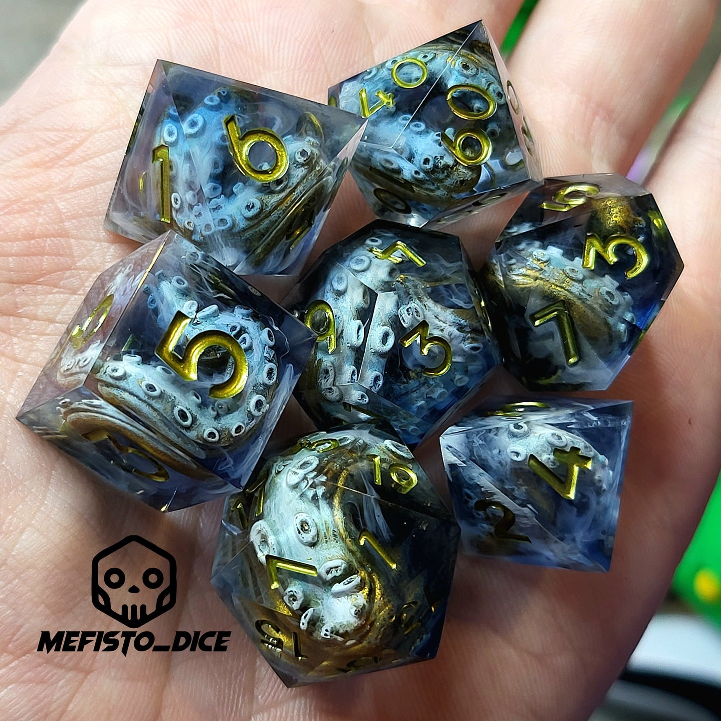 Resin dice set with octopus tentacles inside, gold numbers, perfect for Dungeons and Dragons, Call of Cthulhu, and tabletop RPG games