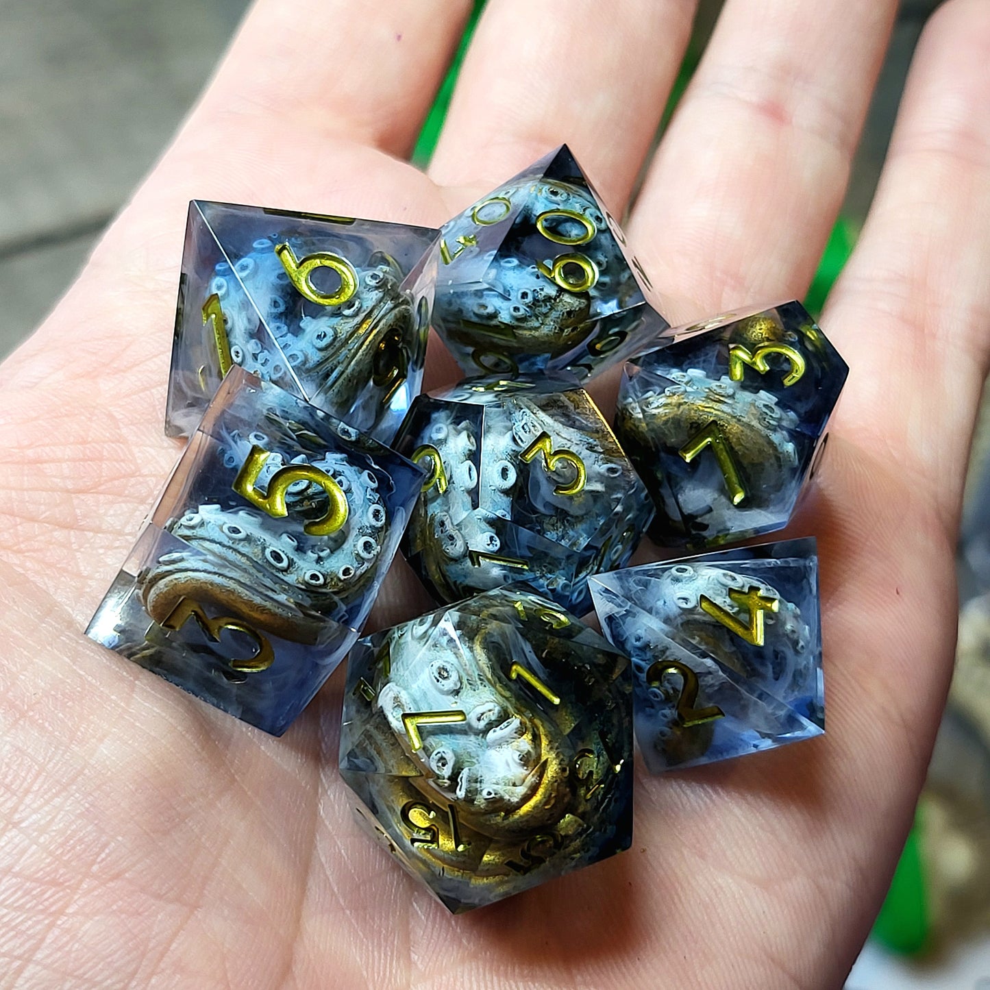 Resin dice set with octopus tentacles inside, gold numbers, perfect for Dungeons and Dragons, Call of Cthulhu, and tabletop RPG games