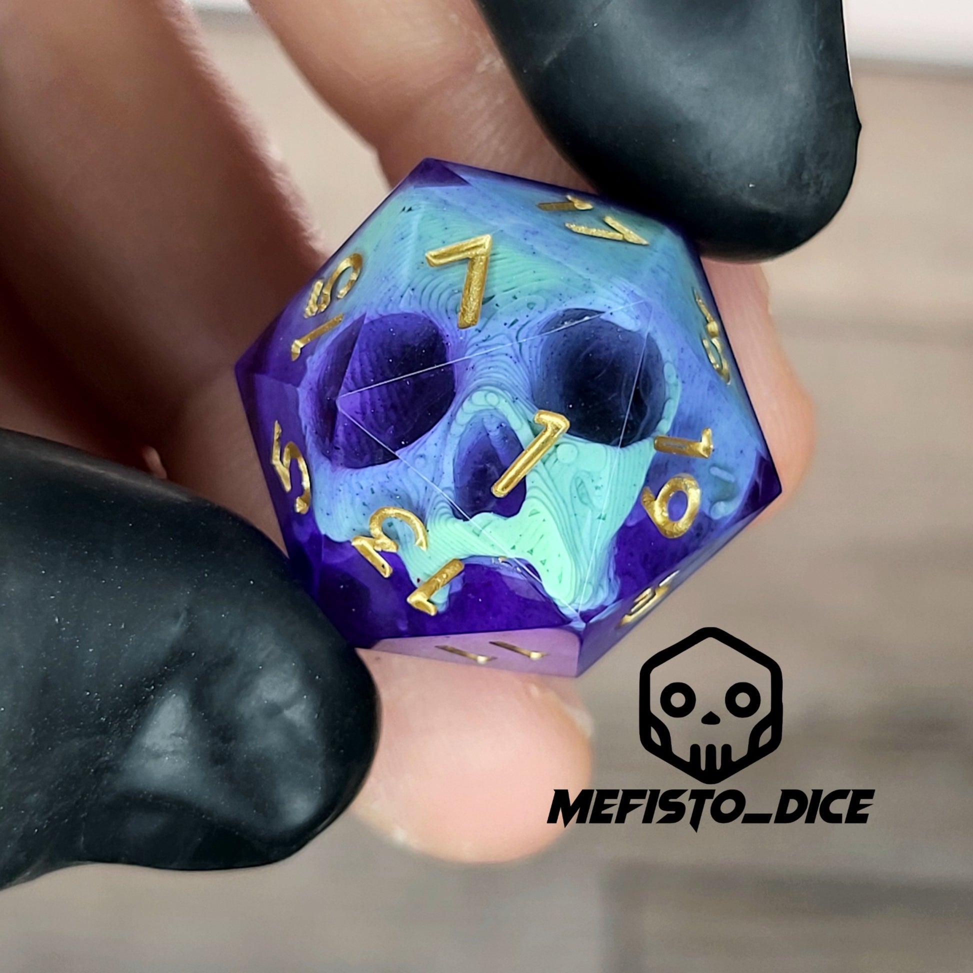 This is a single set of one D20 DnD die with a light green skull inside , purple resin and gold numbers