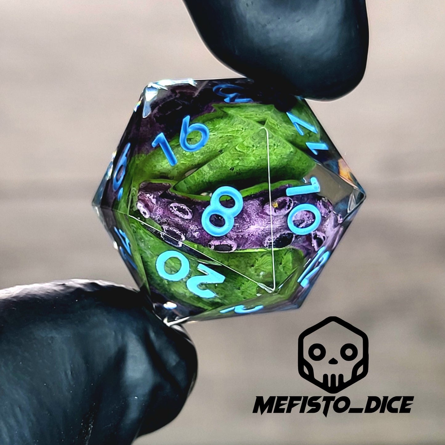 D20 dice with green tentacles inside and blue numbers for play dnd , dungeons and dragons , Call of Cthulhu
