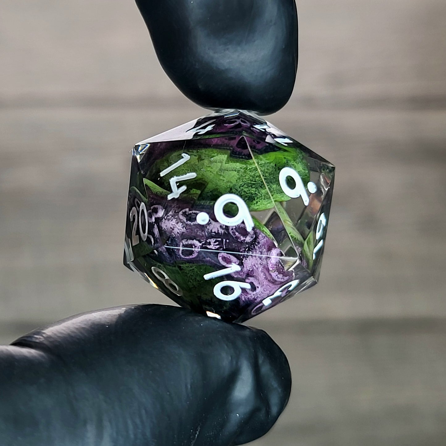 D20 dice with green tentacles inside and white numbers for play dnd , dungeons and dragons , Call of Cthulhu