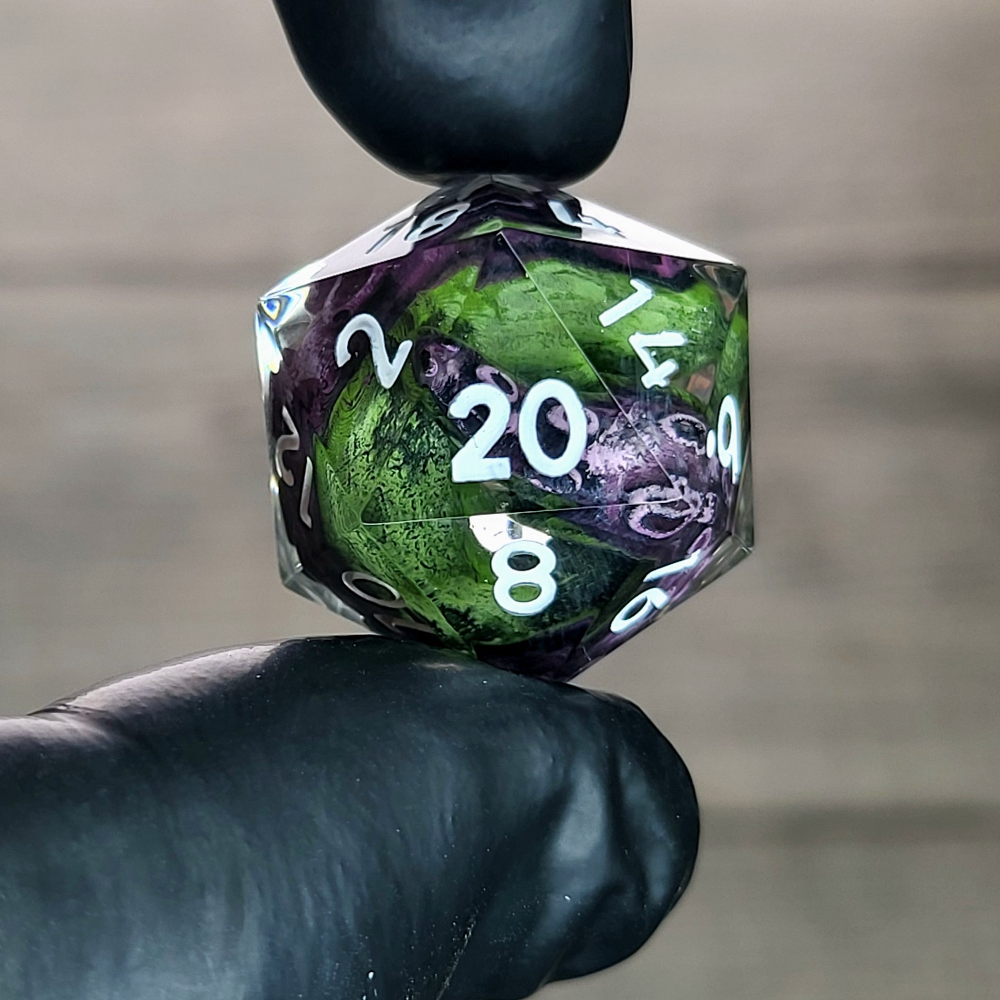 D20 dice with green tentacles inside and white numbers for play dnd , dungeons and dragons , Call of Cthulhu
