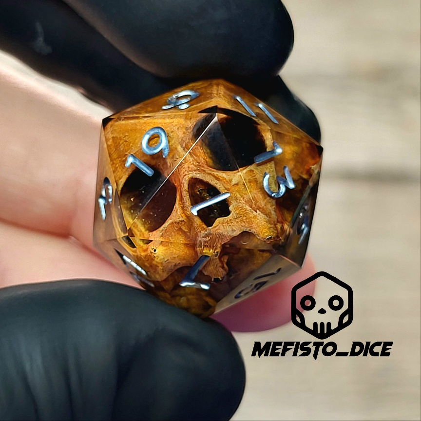 This is a single set of one D20 DnD die with a light brown skull inside , black resin and silver numbers