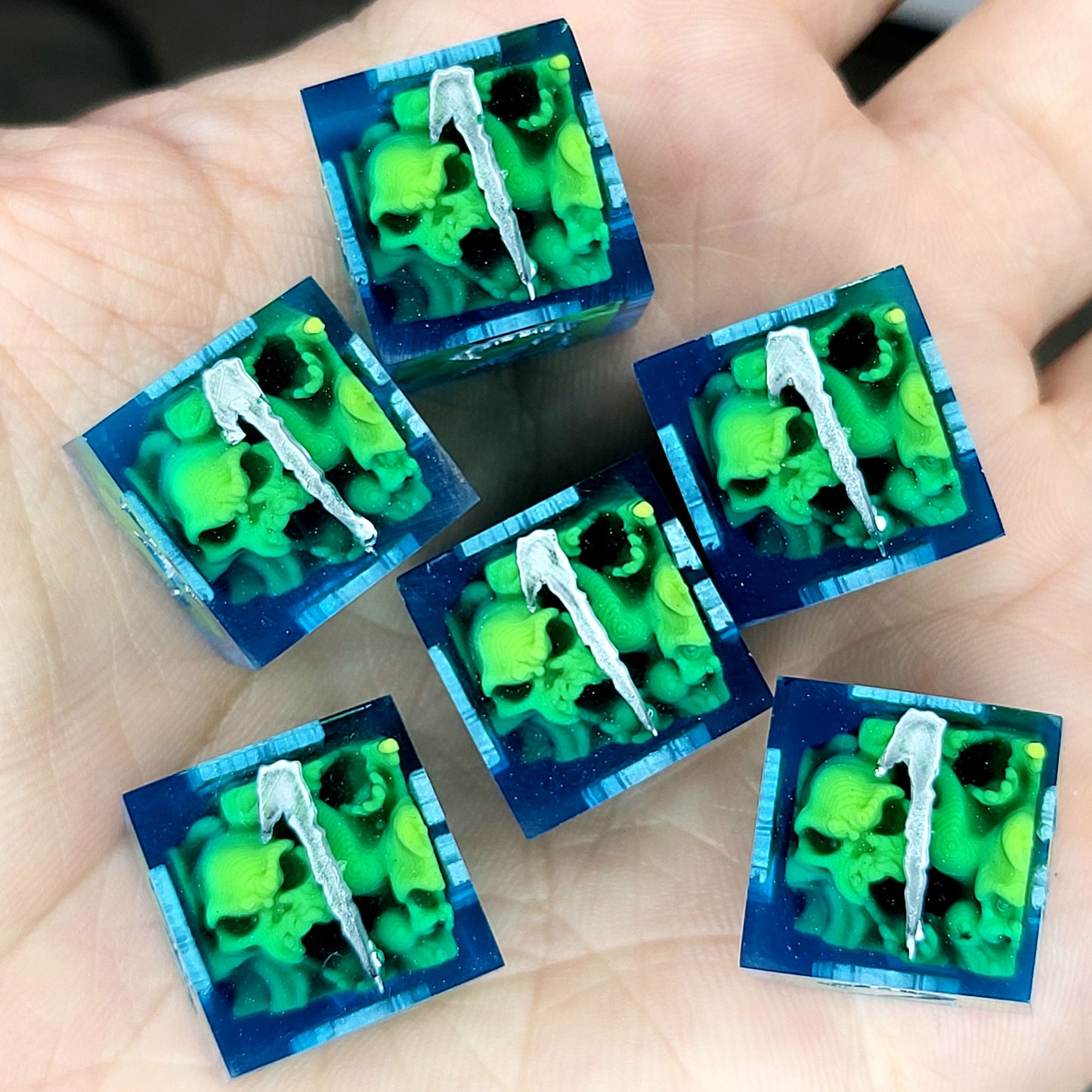 D6 dice set with mini skulls inside, blue resin details, gothic style for Dungeons and Dragons and tabletop role-playing games