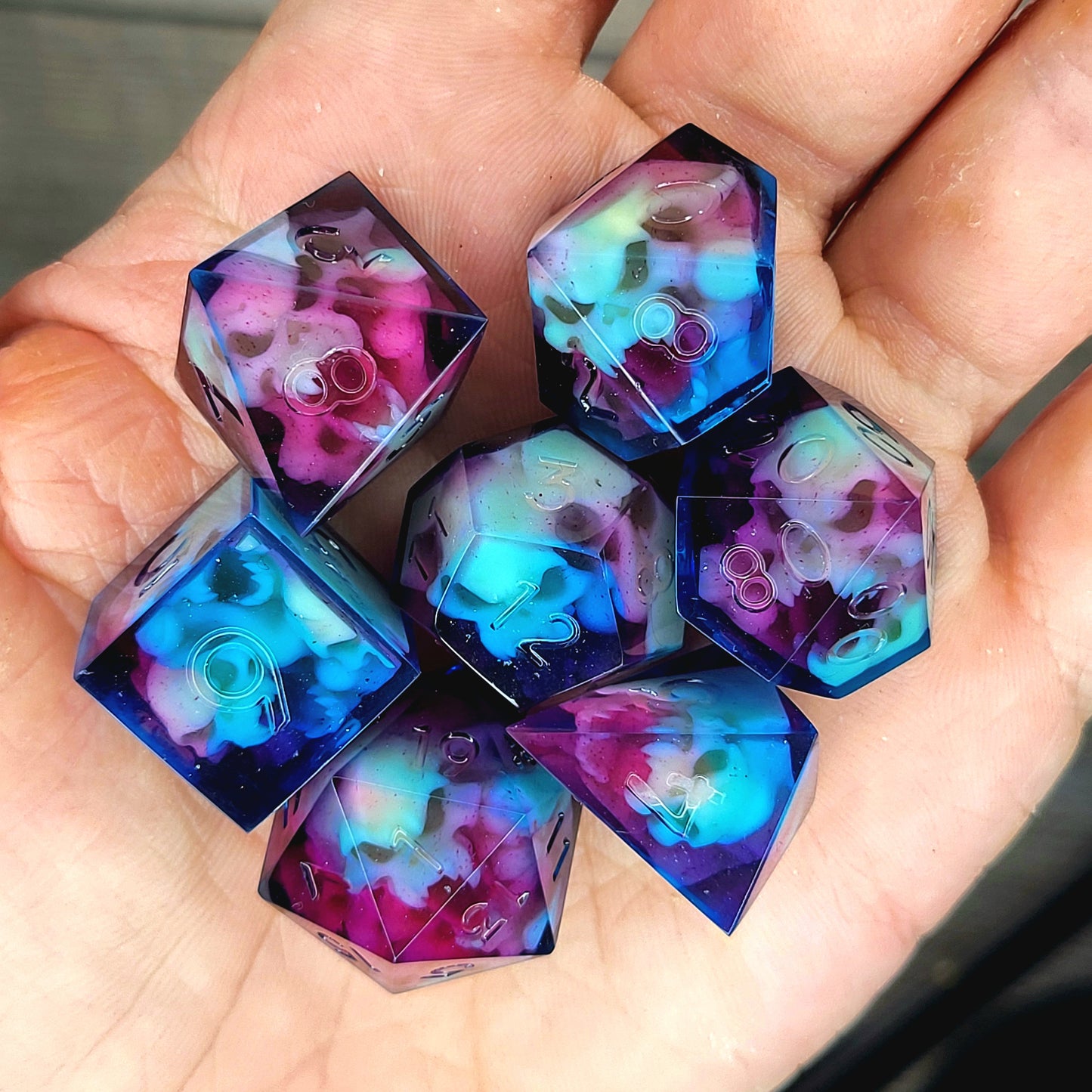Dice set with red and blue spirit inside for play dnd , dungeons and dragons