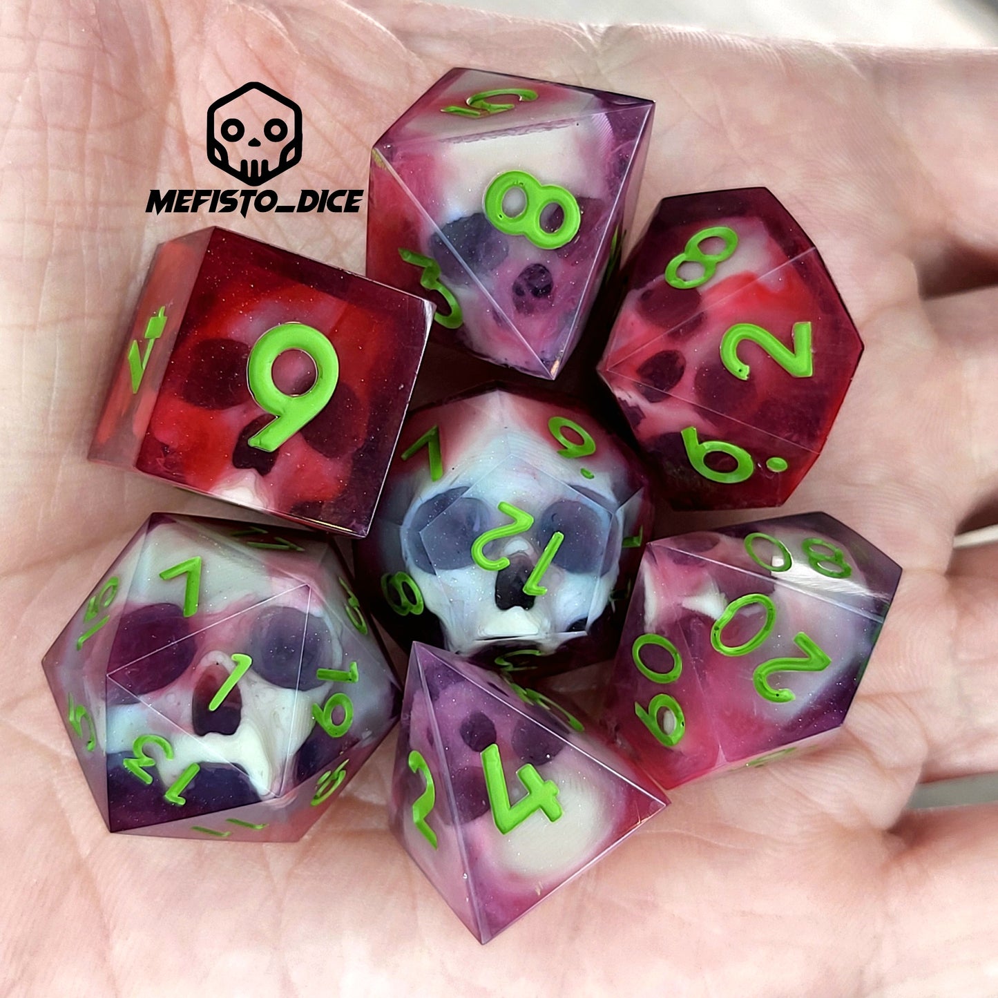 Dnd Dice set for role playing for Dungeons and Dragons with skull inside and red resin with green numbers