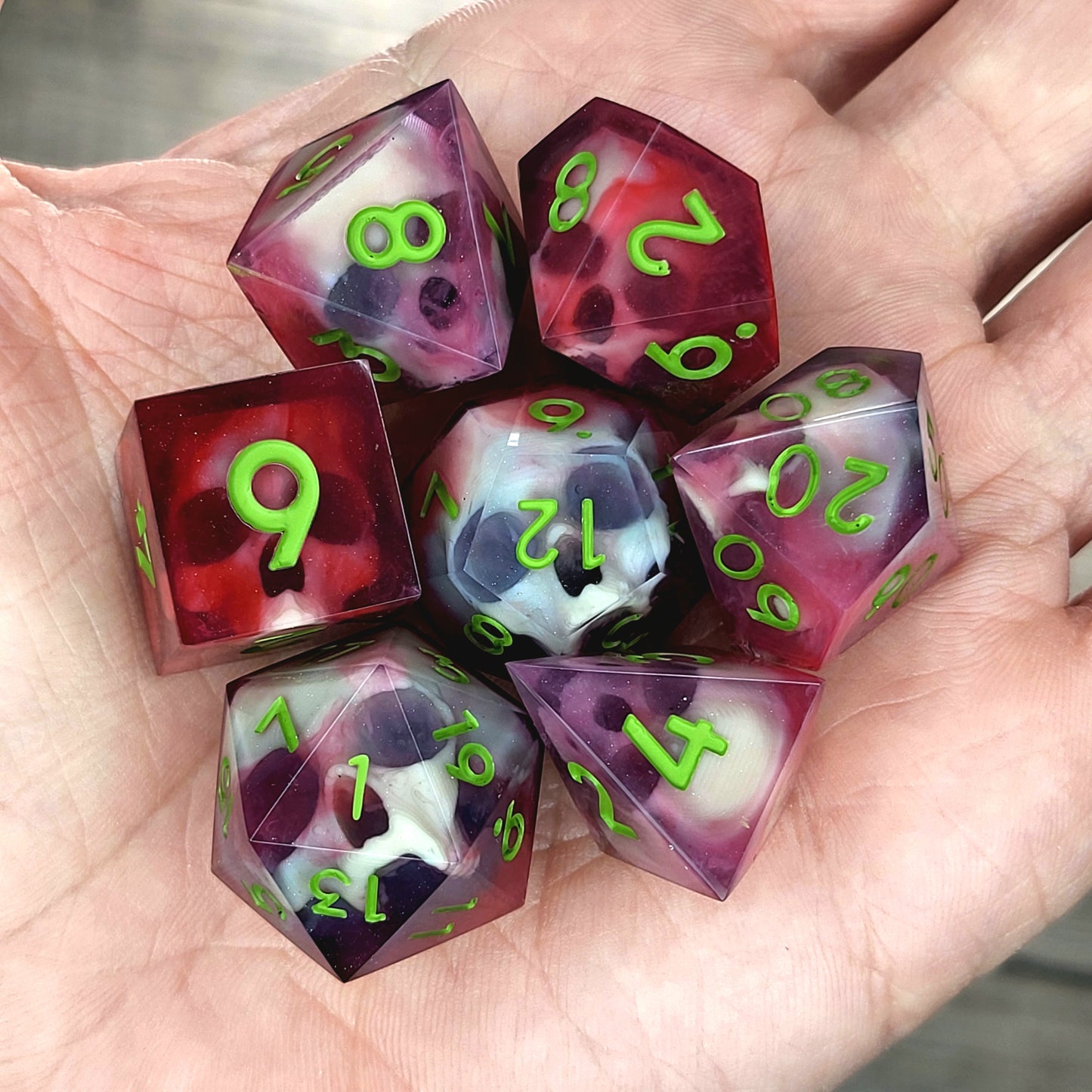 Dnd Dice set for role playing for Dungeons and Dragons with skull inside and red resin with green numbers