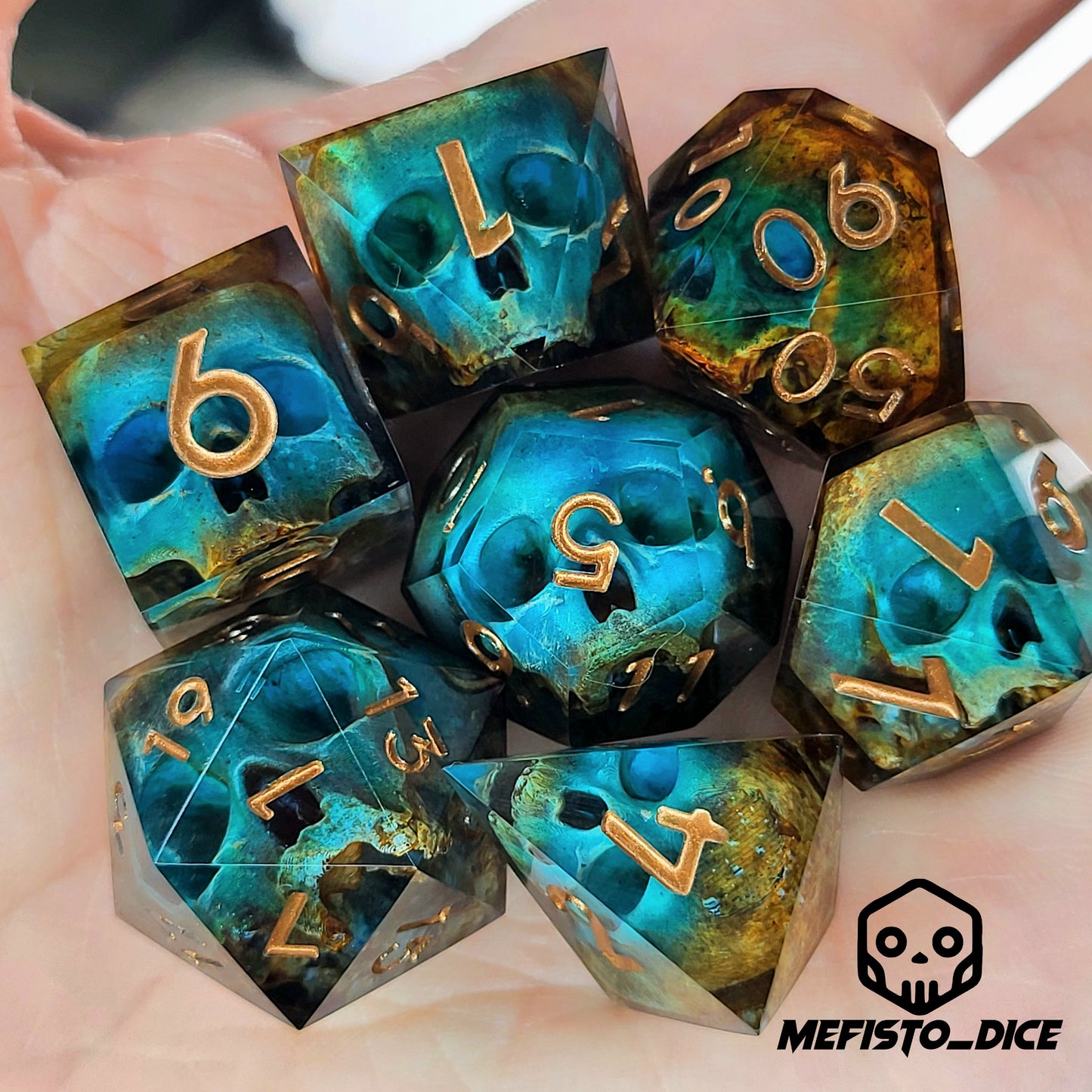 Dnd Dice set for role playing for Dungeons and Dragons with skull inside and bronze numbers