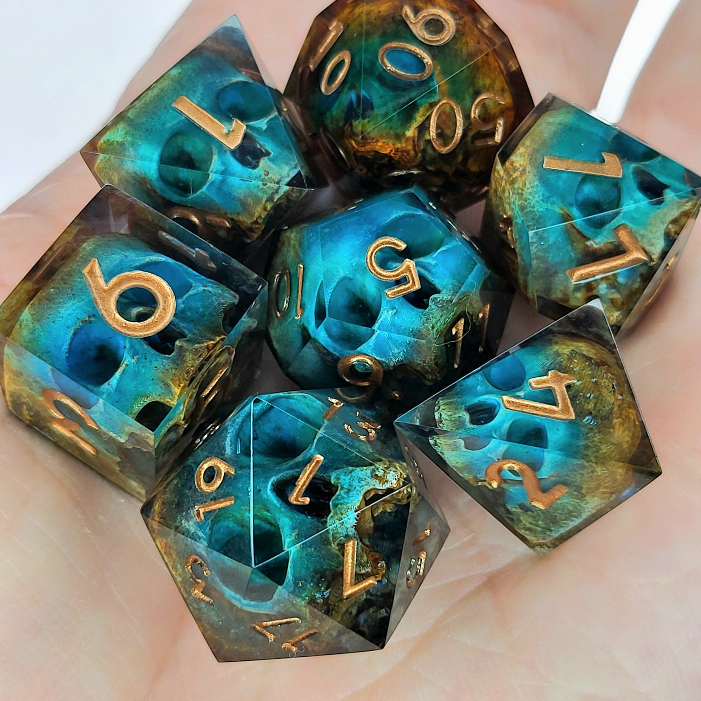 Dnd Dice set for role playing for Dungeons and Dragons with skull inside and bronze numbers