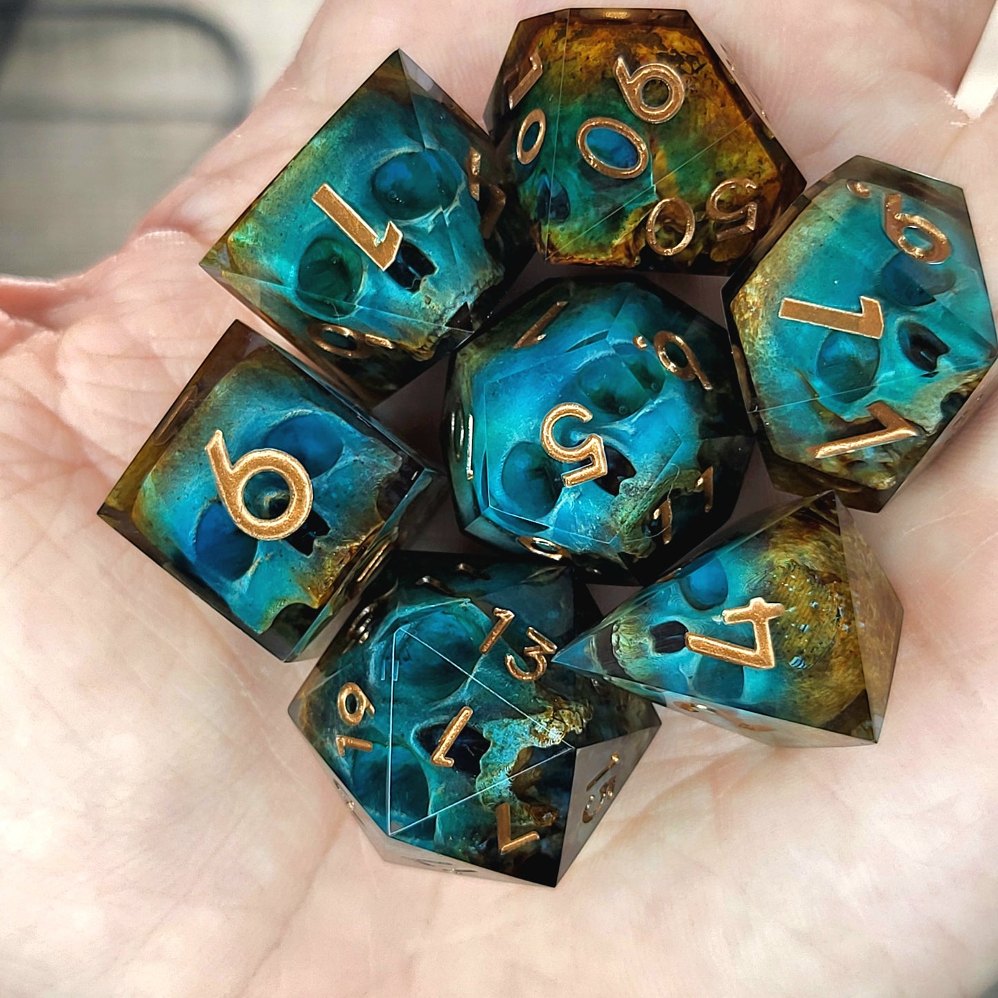 Dnd Dice set for role playing for Dungeons and Dragons with skull inside and bronze numbers