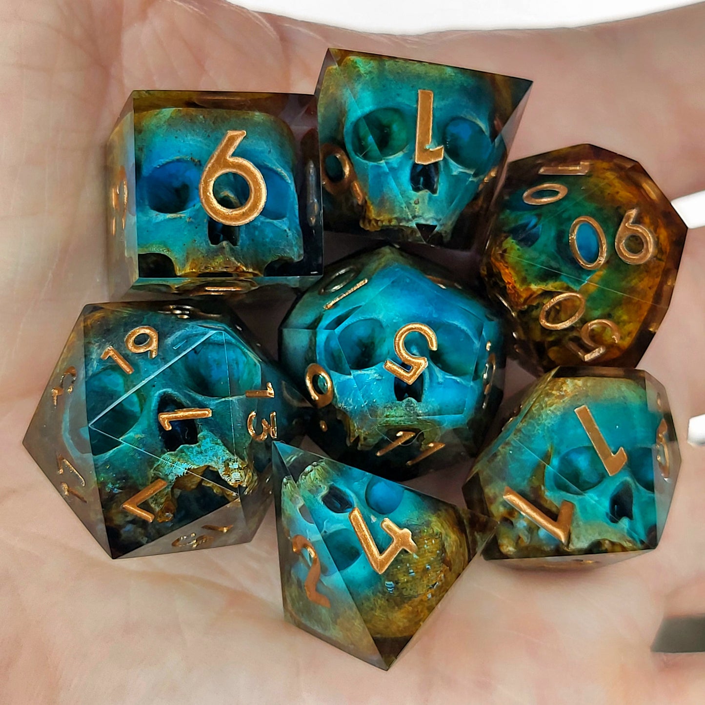 Dnd Dice set for role playing for Dungeons and Dragons with skull inside and bronze numbers