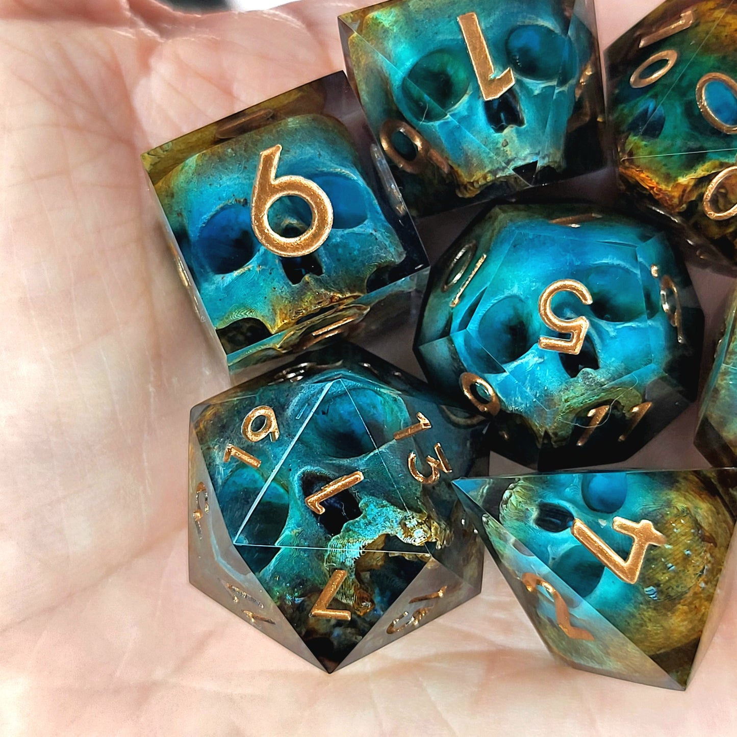 Dnd Dice set for role playing for Dungeons and Dragons with skull inside and bronze numbers