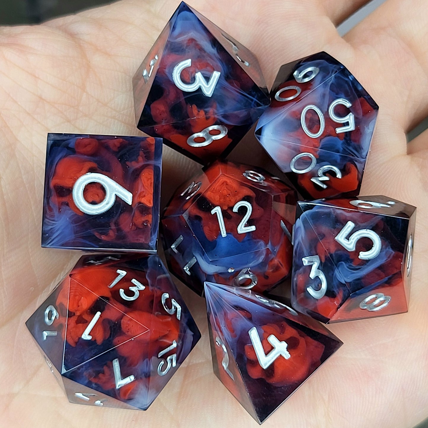 Dice set with red spirit inside and black resin for play dnd , dungeons and dragons