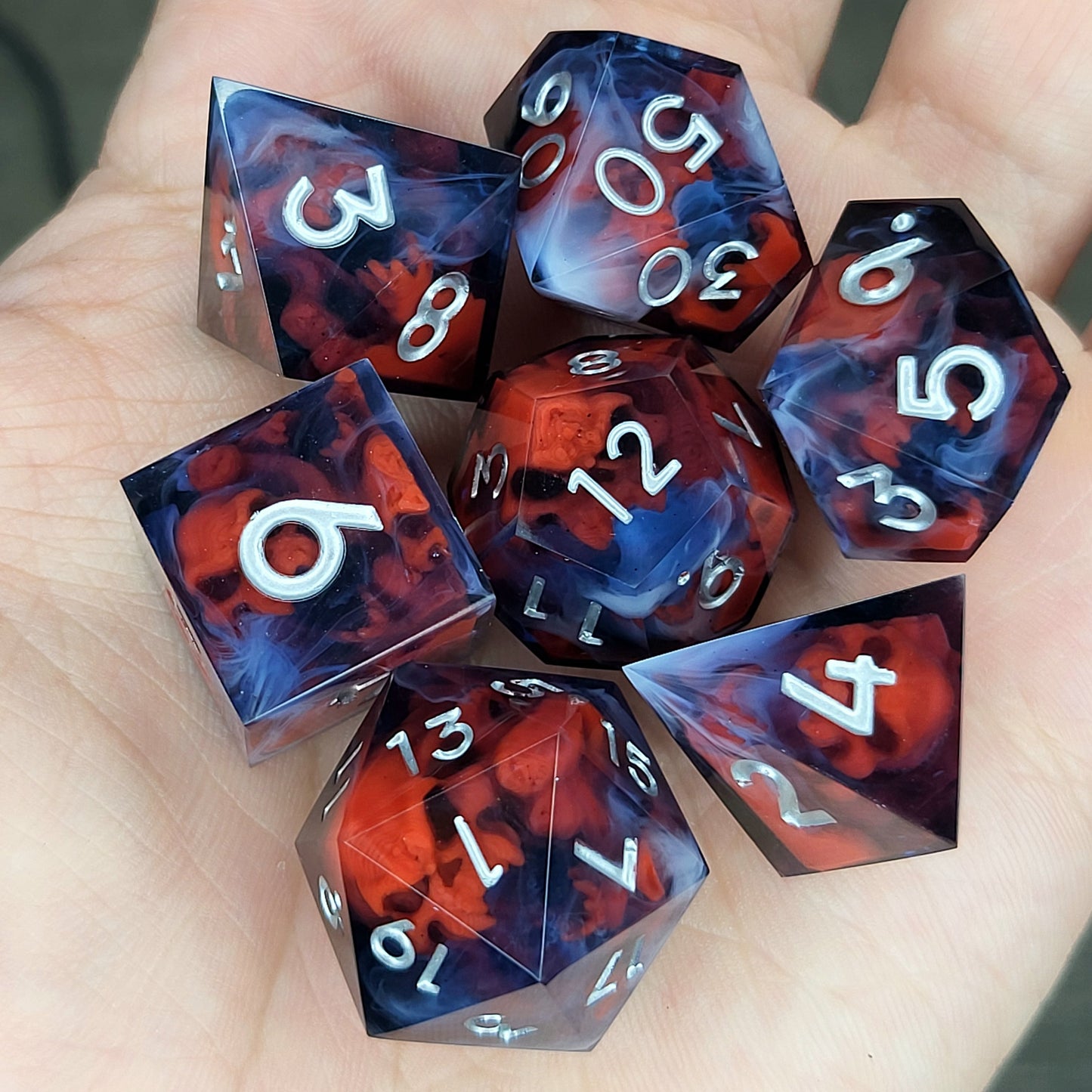 Dice set with red spirit inside and black resin for play dnd , dungeons and dragons