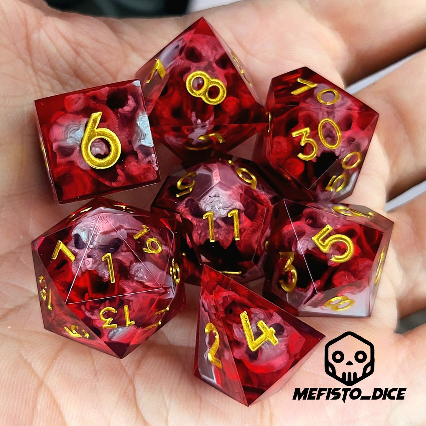 Dice set with silver spirit inside and red resin for play dnd , dungeons and dragons