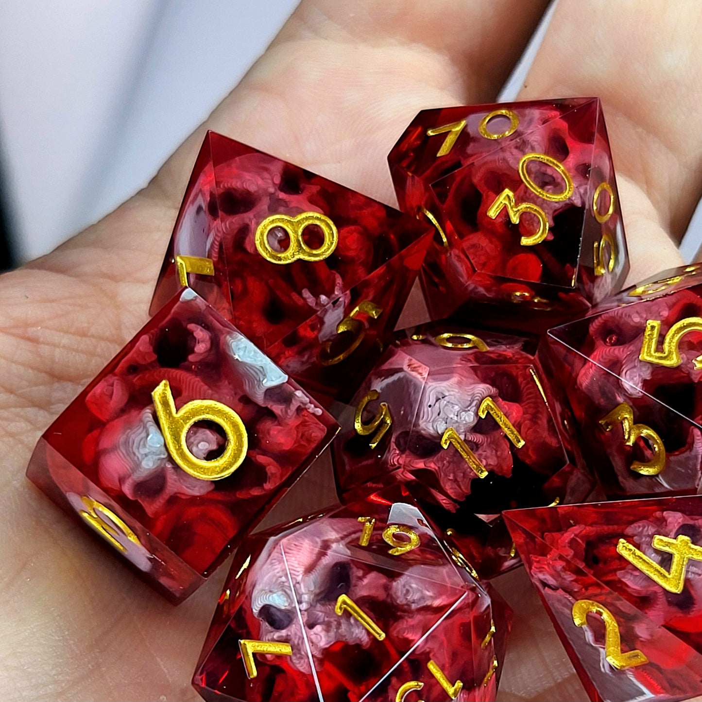 Dice set with silver spirit inside and red resin for play dnd , dungeons and dragons