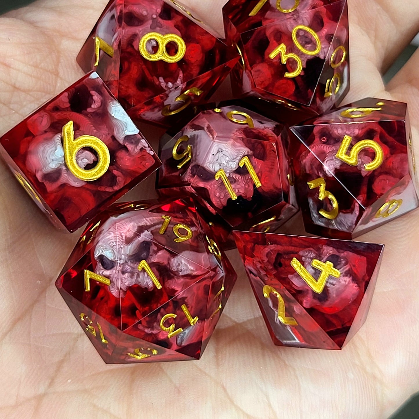 Dice set with silver spirit inside and red resin for play dnd , dungeons and dragons
