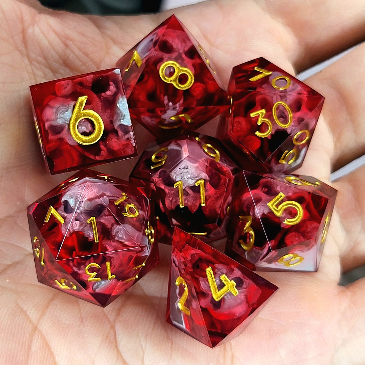 Dice set with silver spirit inside and red resin for play dnd , dungeons and dragons