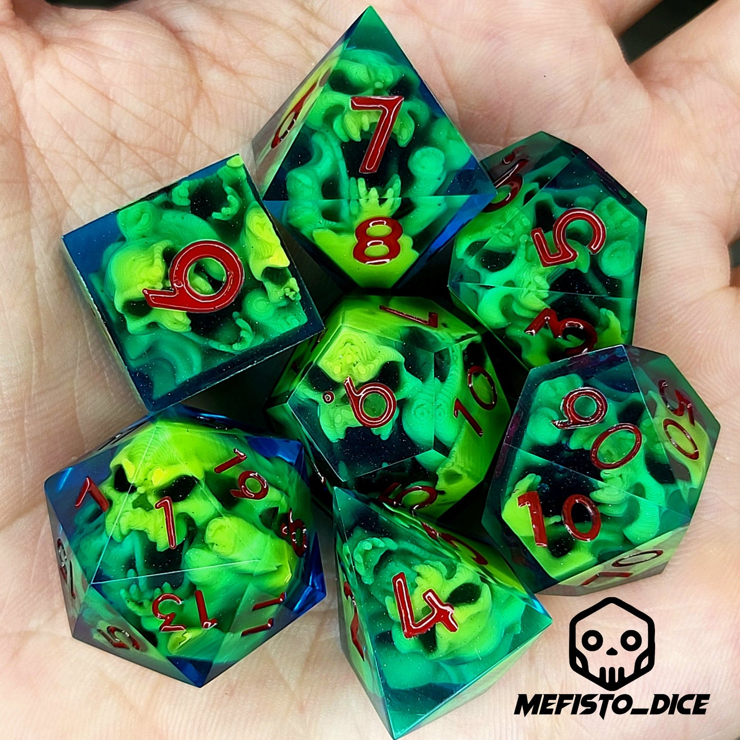 Dice set with yellow spirit inside and blue resin for play dnd , dungeons and dragons