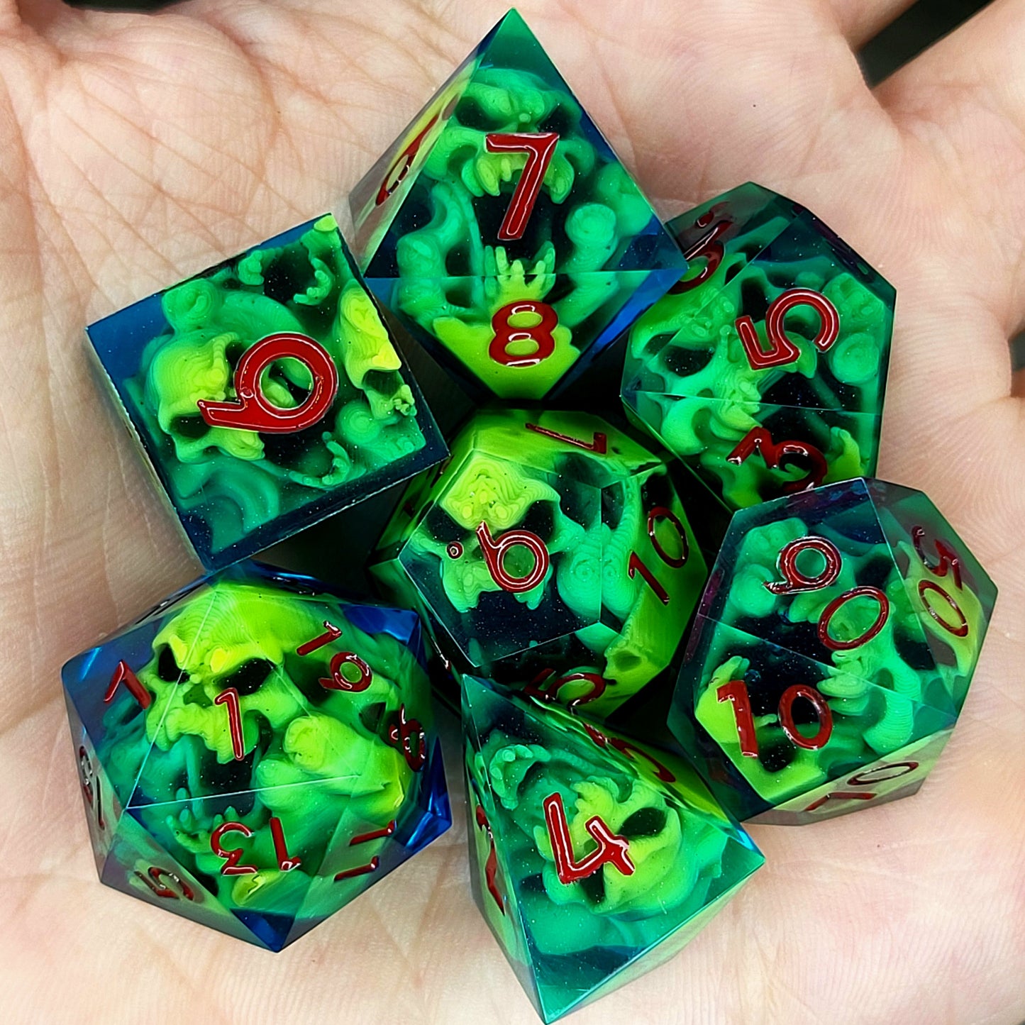 Dice set with yellow spirit inside and blue resin for play dnd , dungeons and dragons