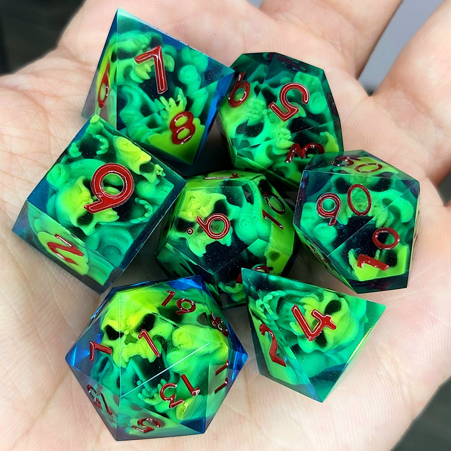 Dice set with yellow spirit inside and blue resin for play dnd , dungeons and dragons