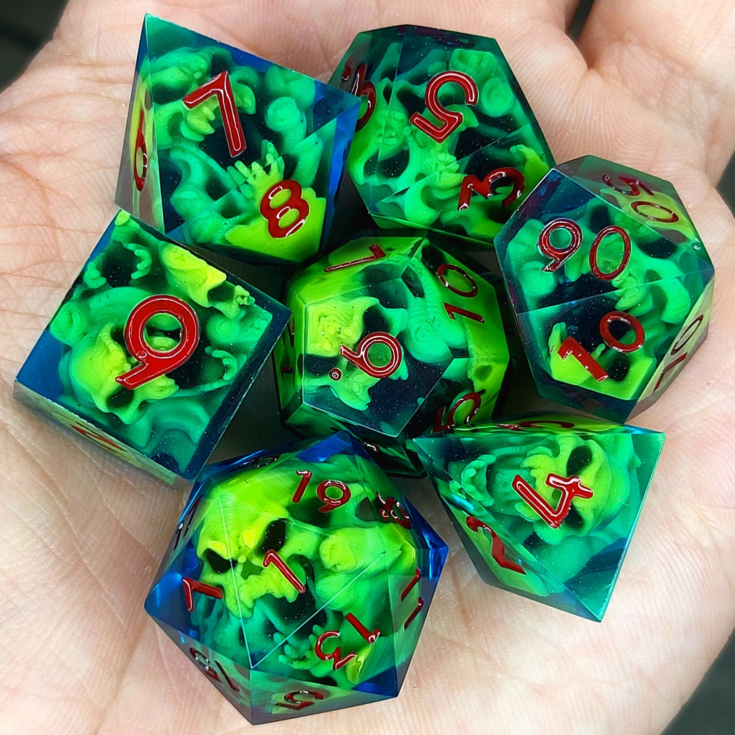 Dice set with yellow spirit inside and blue resin for play dnd , dungeons and dragons