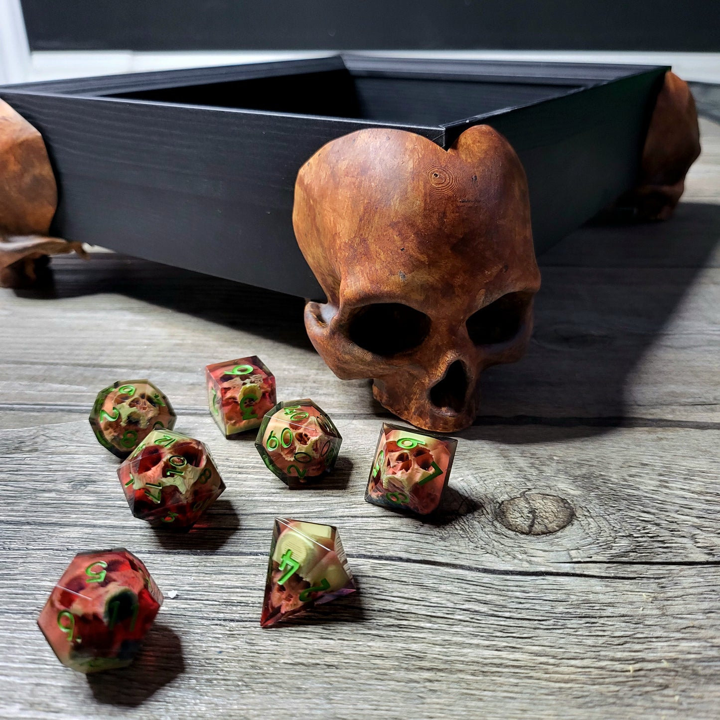 Dice tray with skull feet for dice rolling for tabletop role playing board games