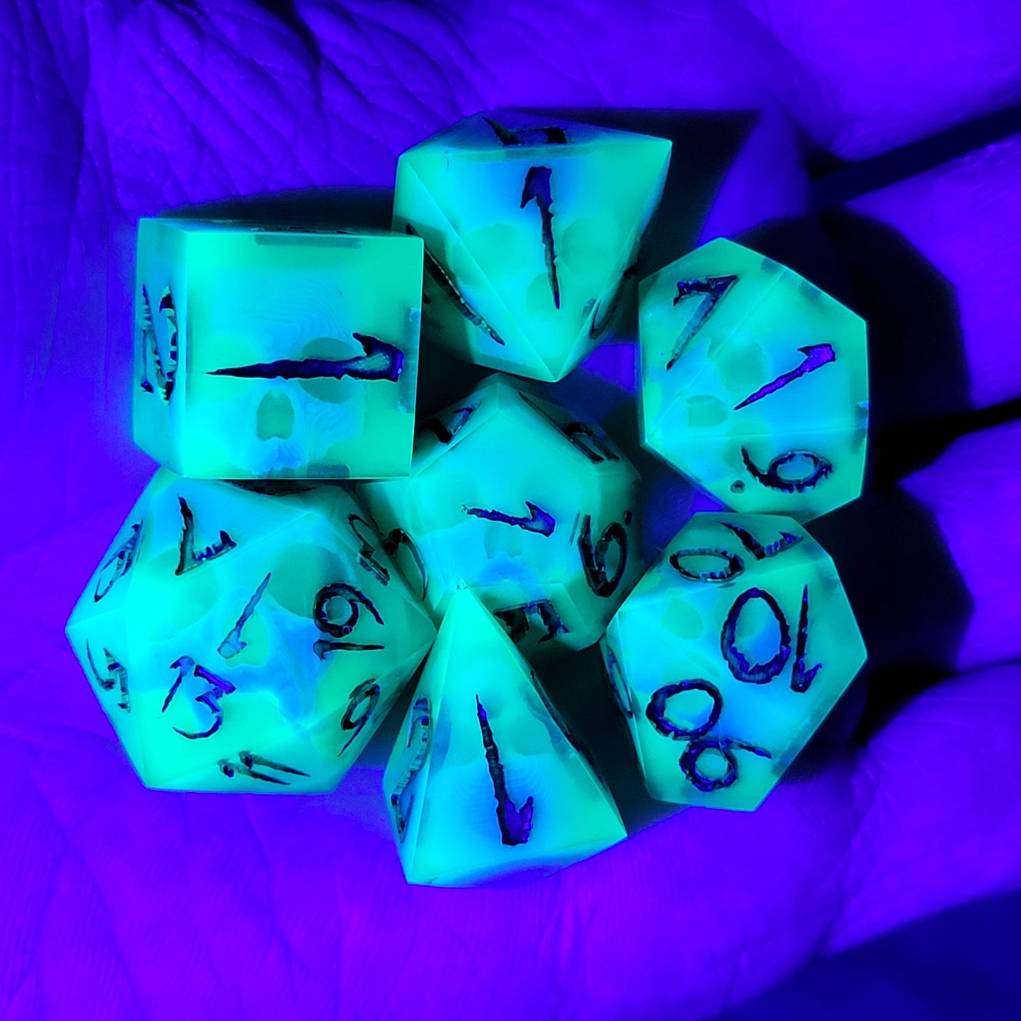 Dnd Dice set for role playing for Dungeons and Dragons with skull inside and dark gold numbers