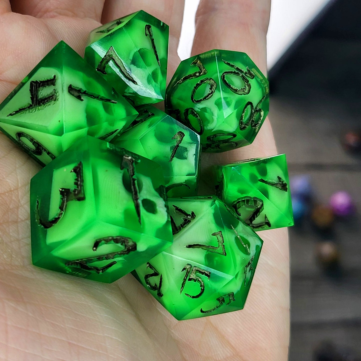Dnd Dice set for role playing for Dungeons and Dragons with skull inside and dark gold numbers