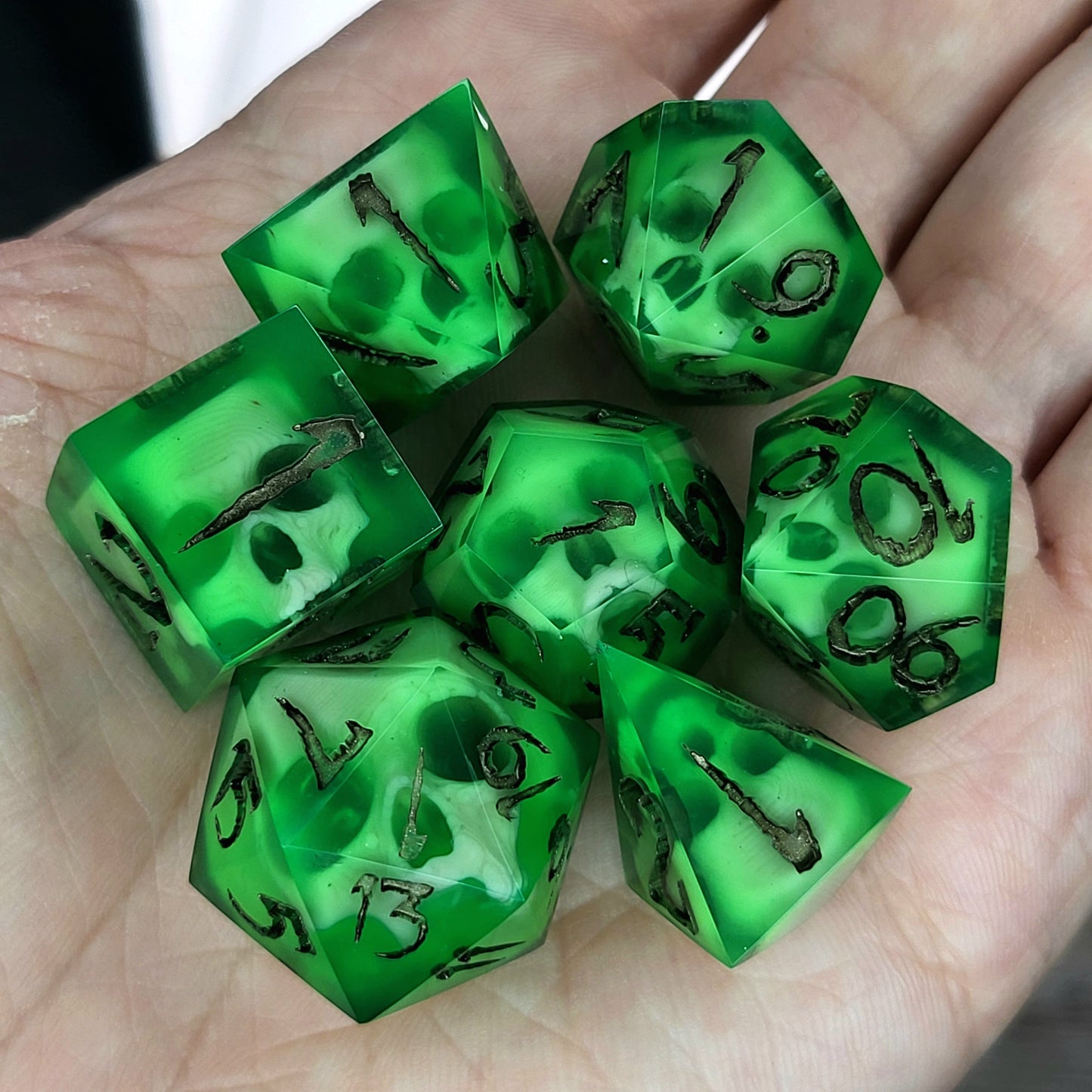 Dnd Dice set for role playing for Dungeons and Dragons with skull inside and dark gold numbers