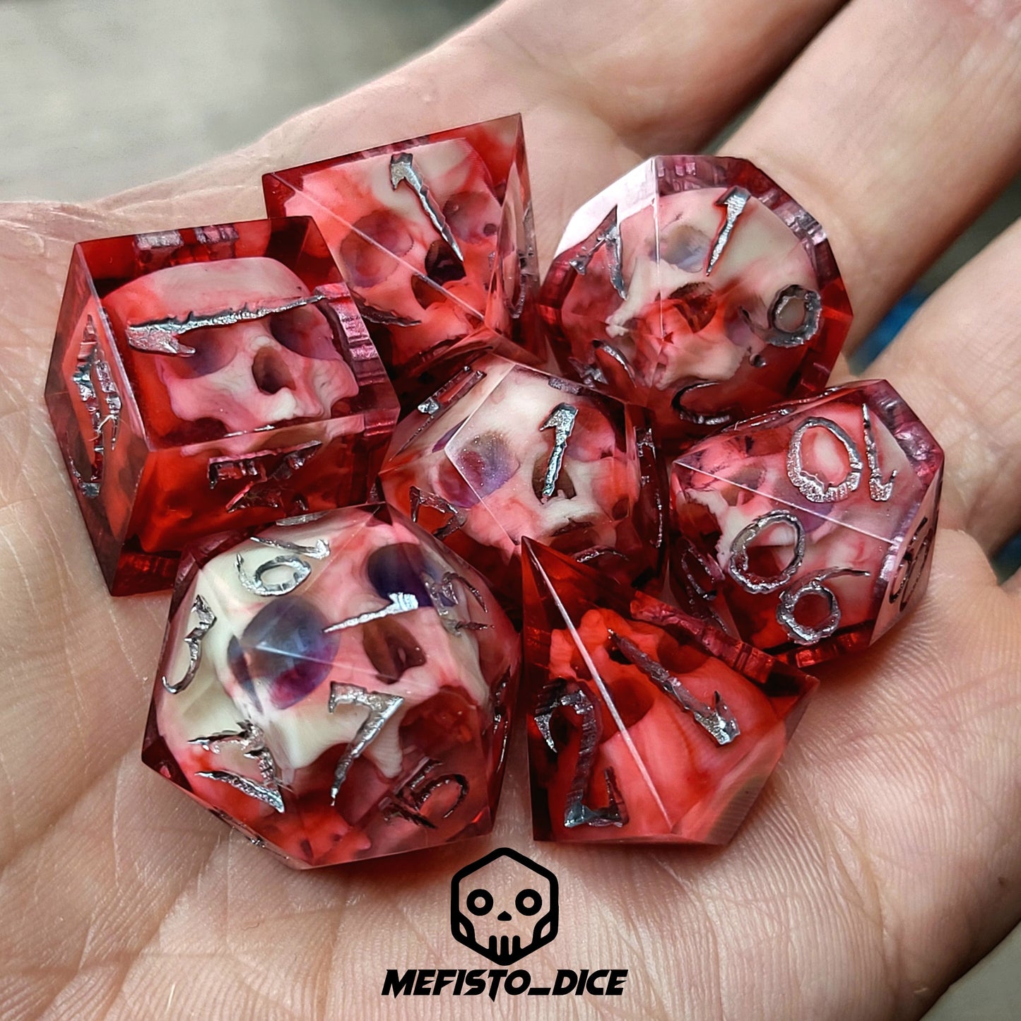 Dnd Dice set for role playing for Dungeons and Dragons with skull inside and silver numbers