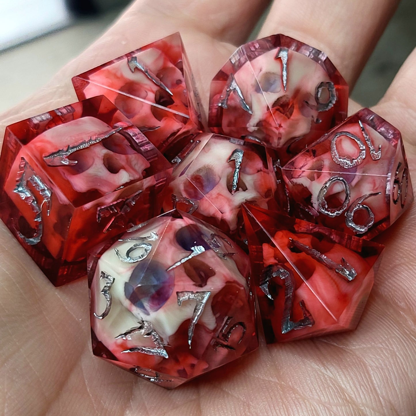 Dnd Dice set for role playing for Dungeons and Dragons with skull inside and silver numbers