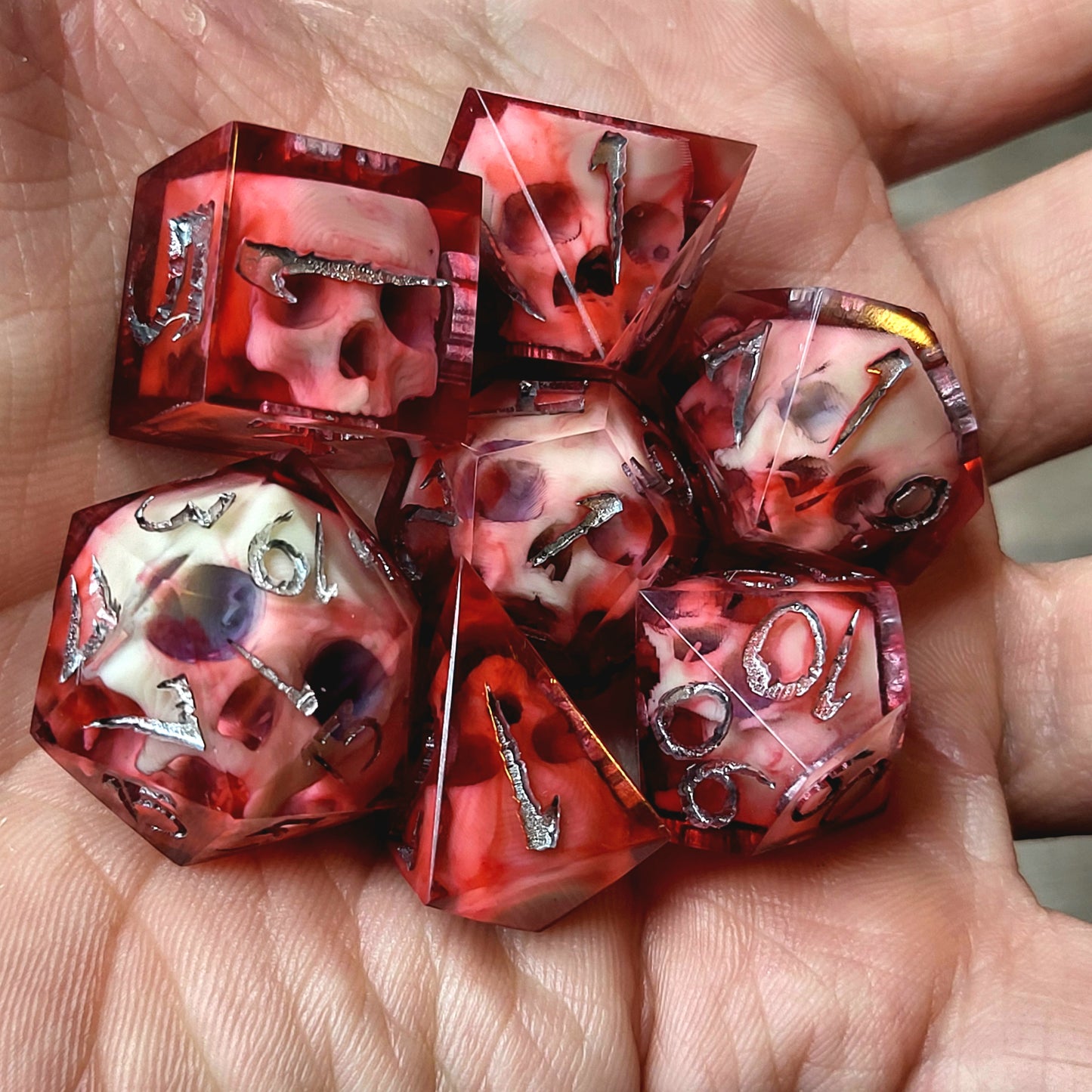 Dnd Dice set for role playing for Dungeons and Dragons with skull inside and silver numbers