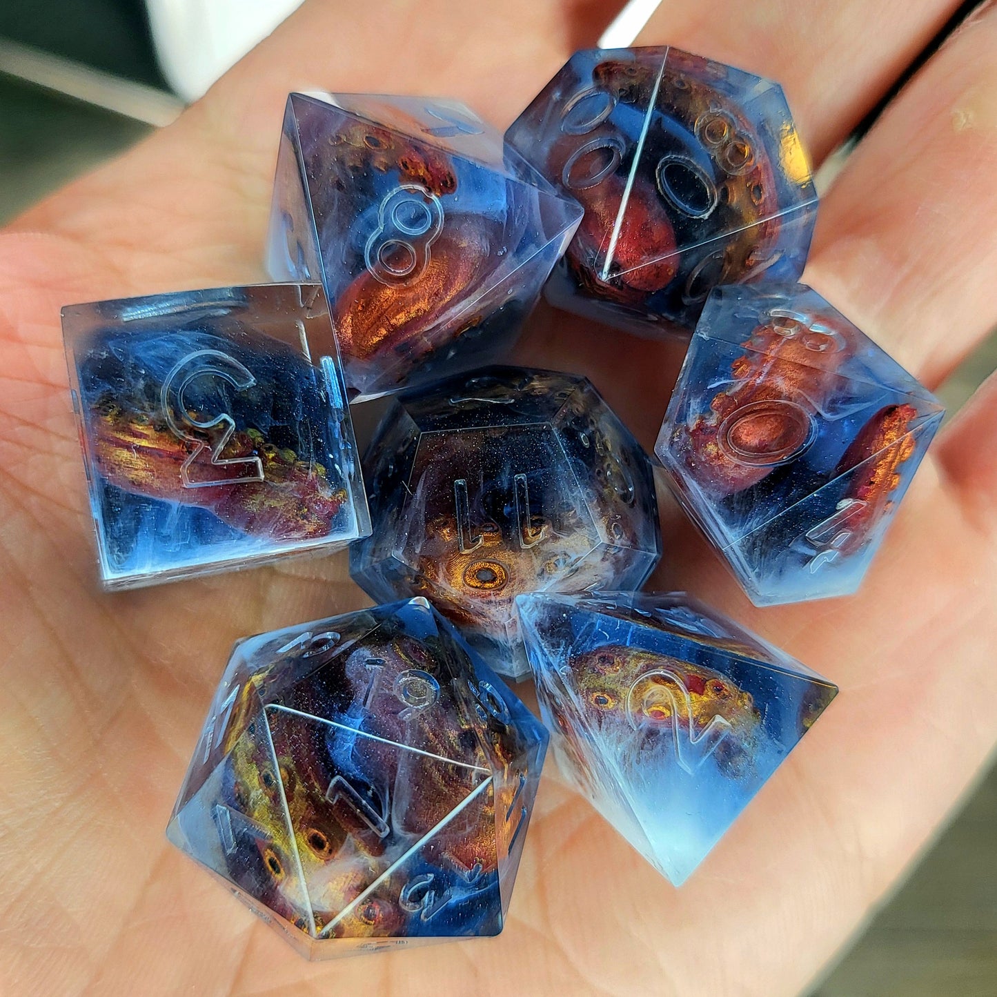Dice set with white tentacles inside and for play dnd , dungeons and dragons and Call of Cthulhu