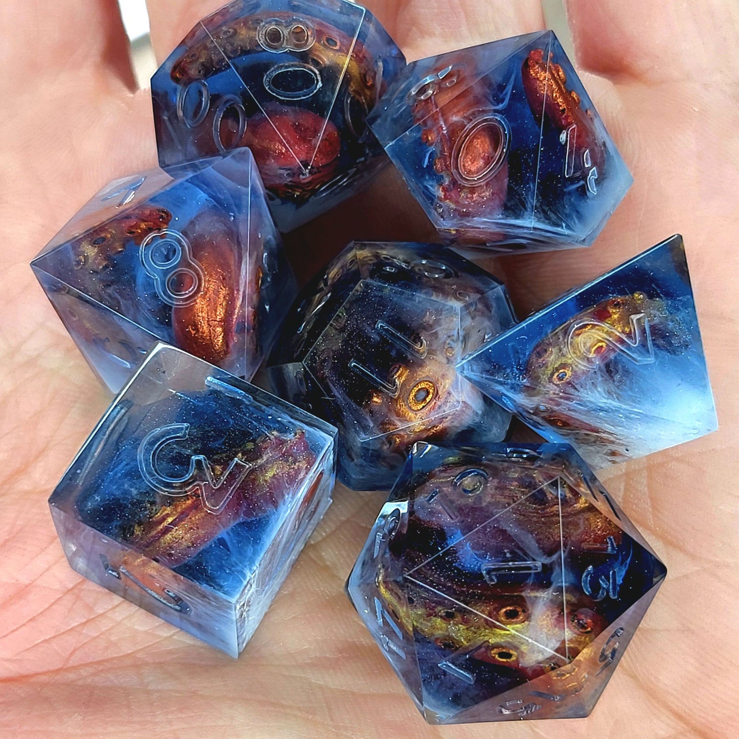 Dice set with white tentacles inside and for play dnd , dungeons and dragons and Call of Cthulhu