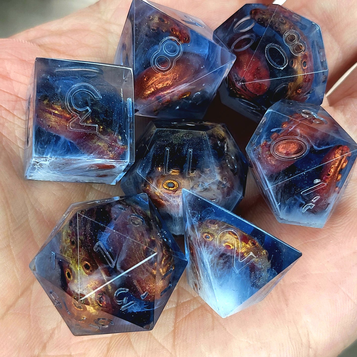 Dice set with white tentacles inside and for play dnd , dungeons and dragons and Call of Cthulhu