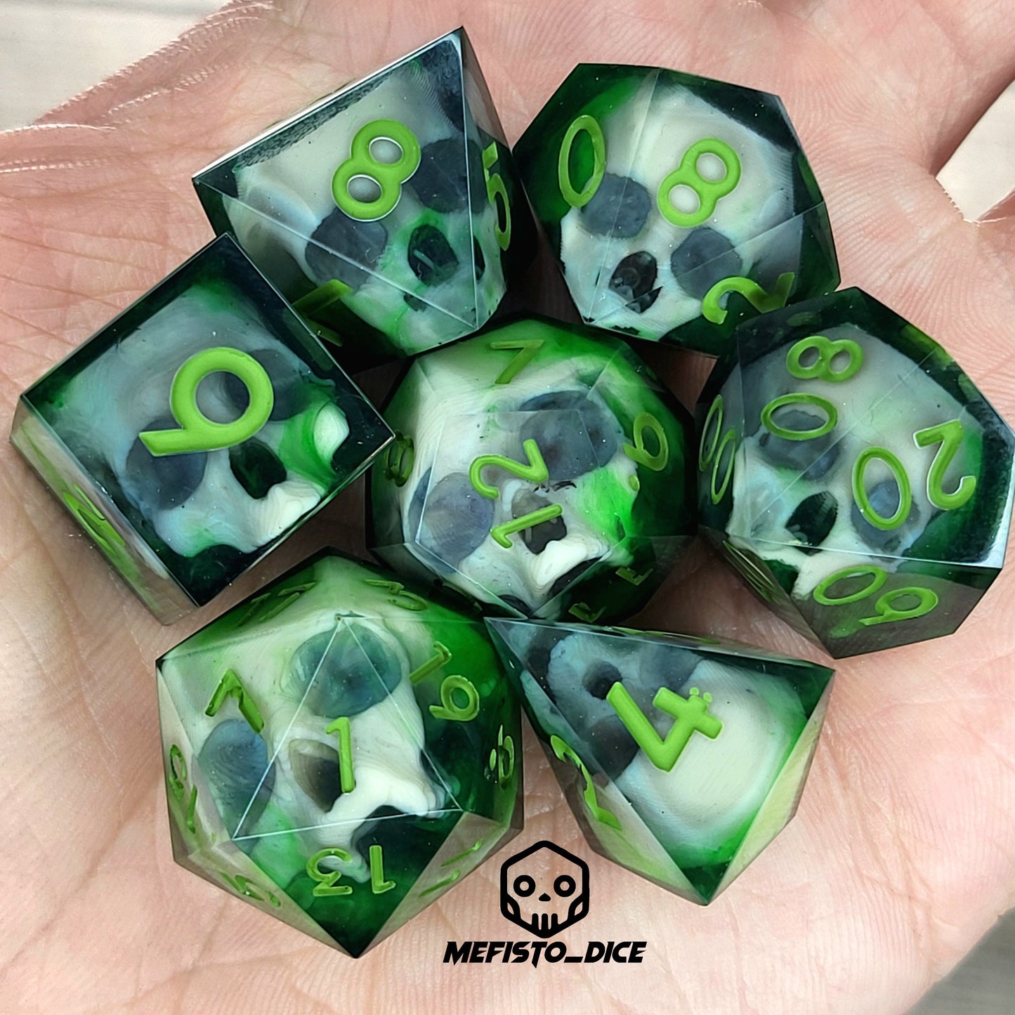 Dnd Dice set for role playing for Dungeons and Dragons with skull inside and green numbers