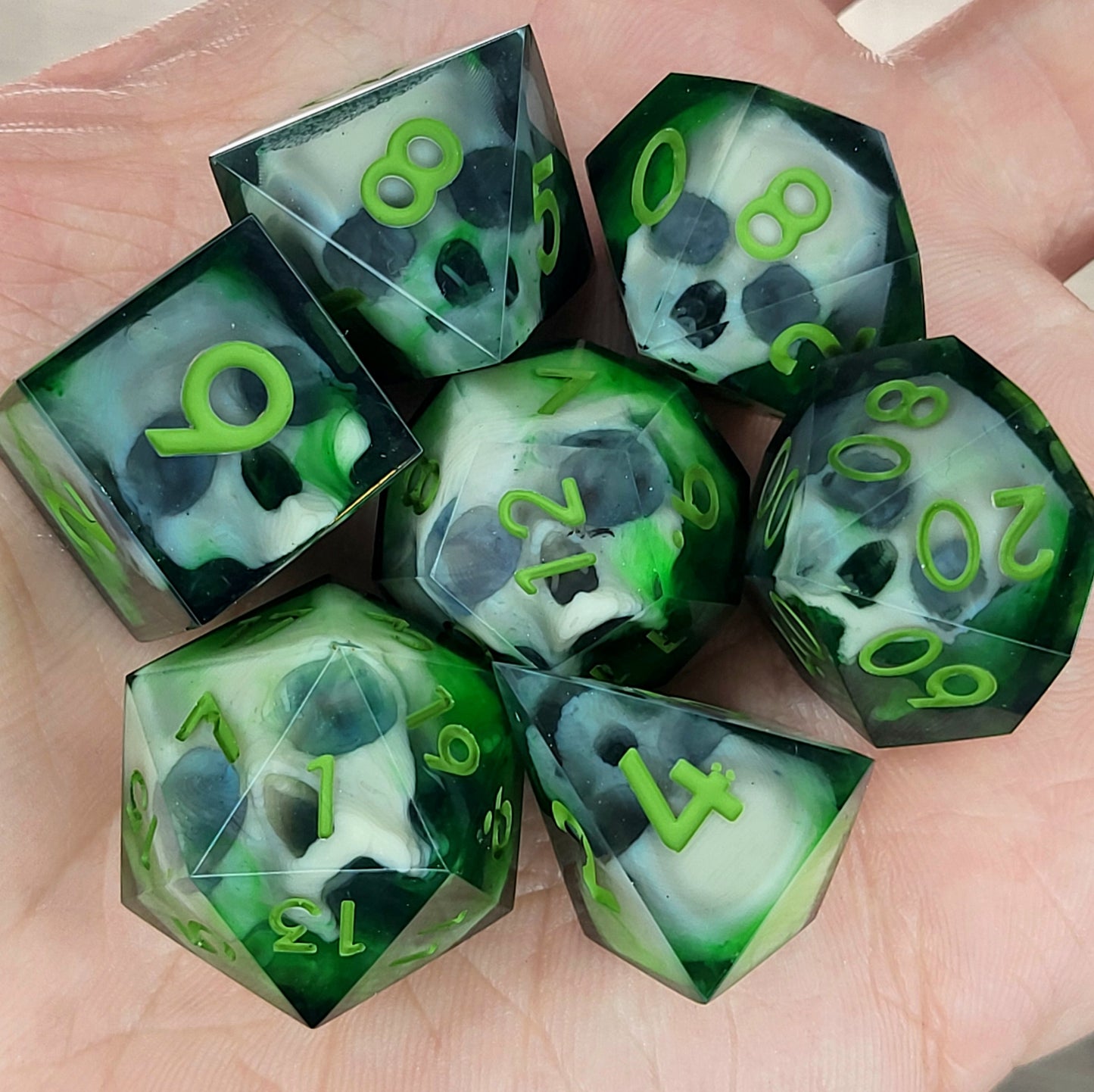 Dnd Dice set for role playing for Dungeons and Dragons with skull inside and green numbers