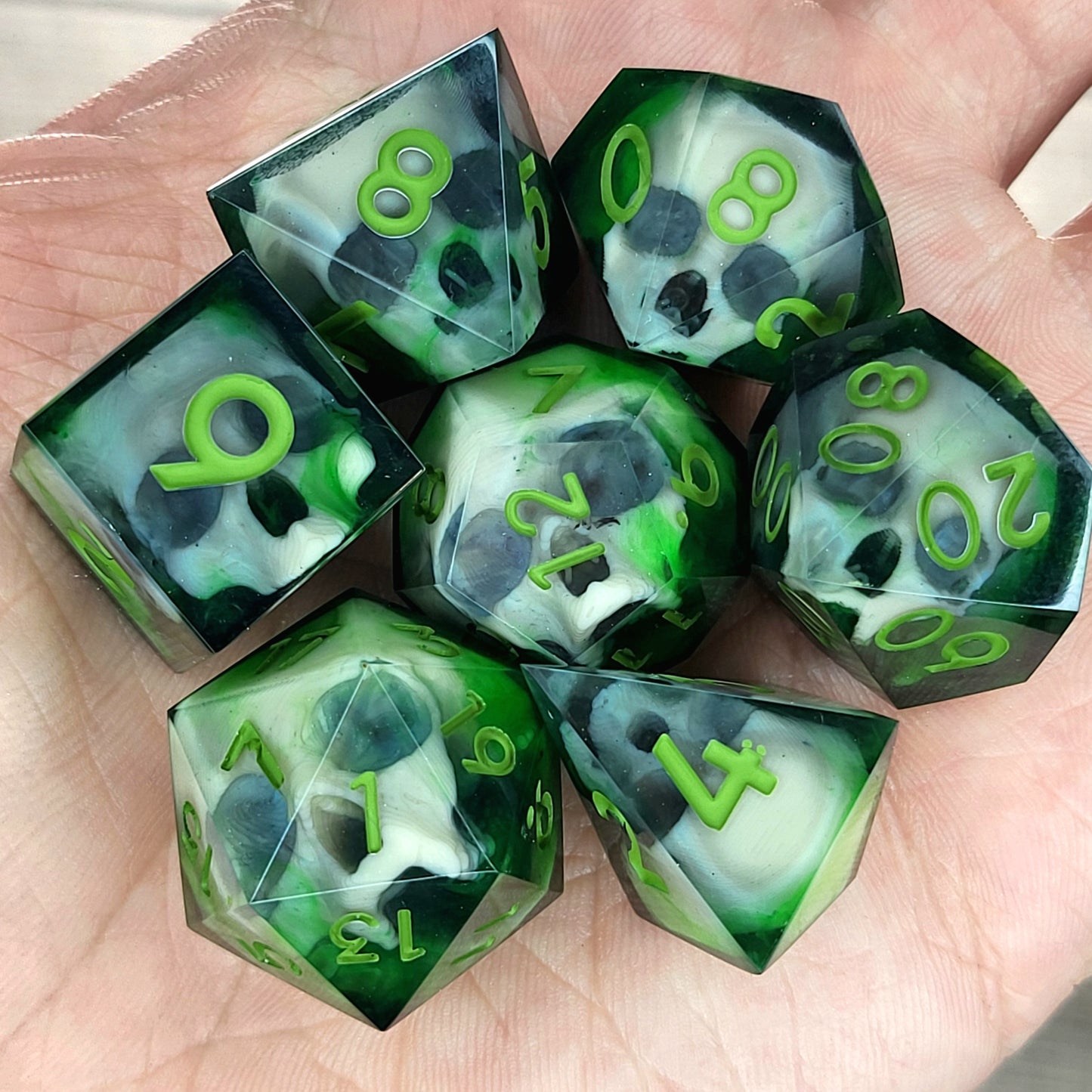 Dnd Dice set for role playing for Dungeons and Dragons with skull inside and green numbers