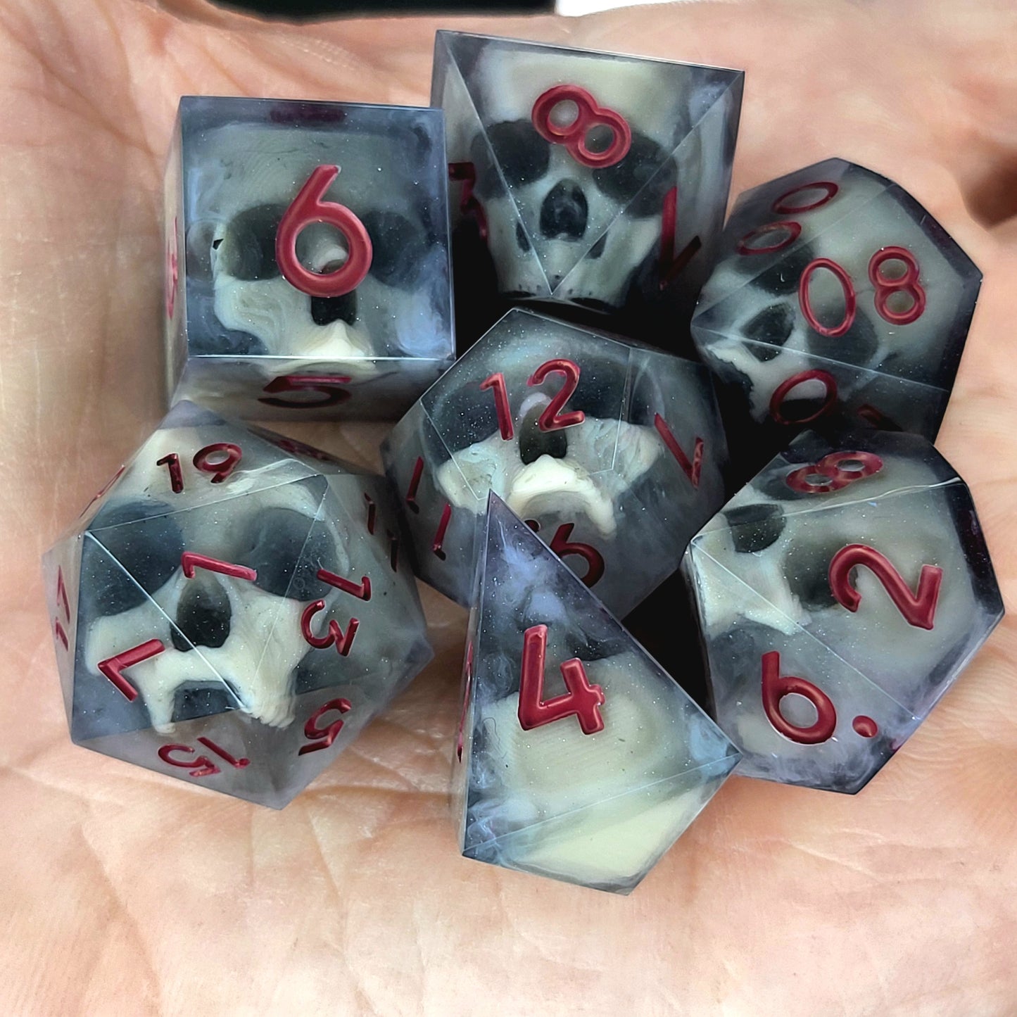 Dnd Dice set for role playing for Dungeons and Dragons with skull inside and red numbers