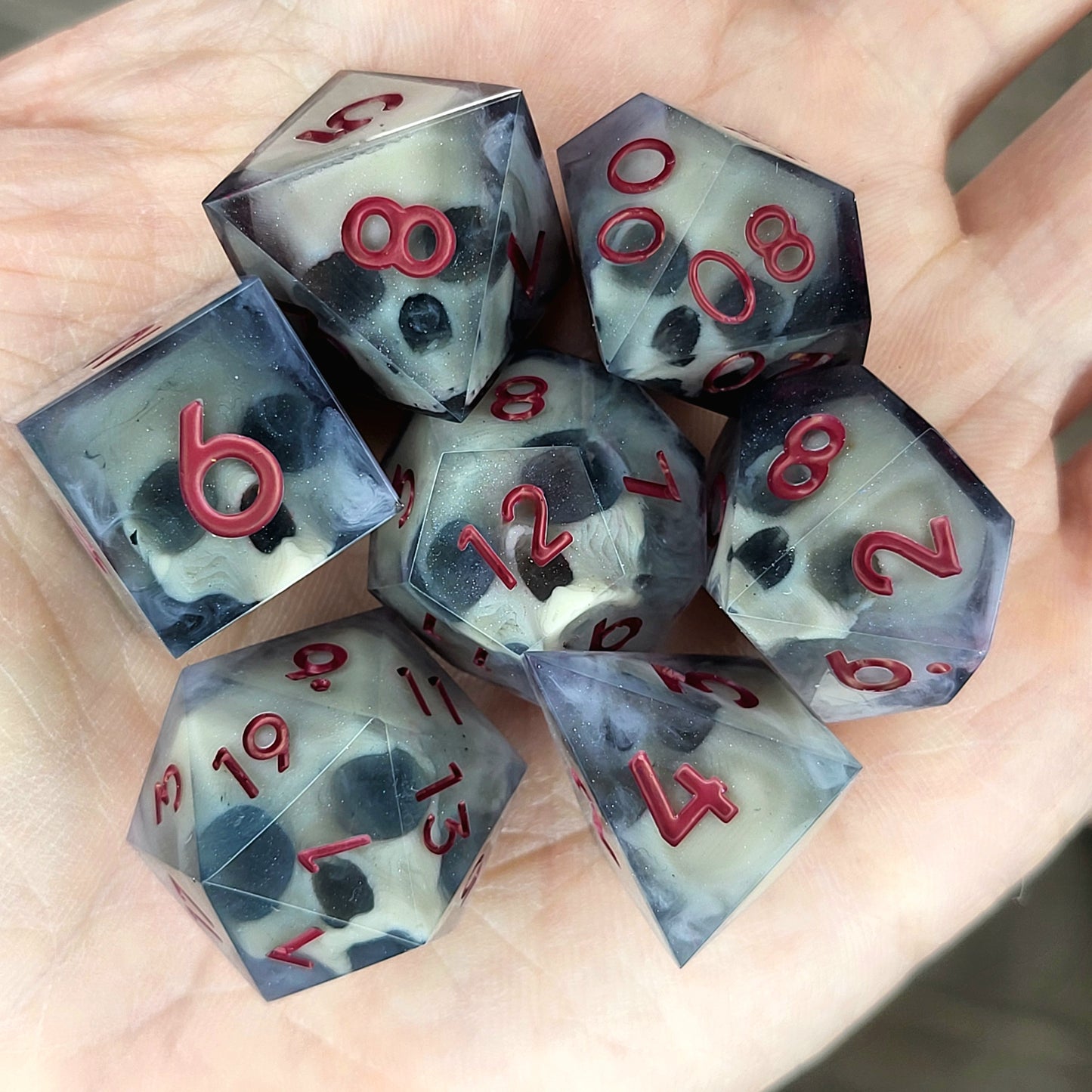 Dnd Dice set for role playing for Dungeons and Dragons with skull inside and red numbers