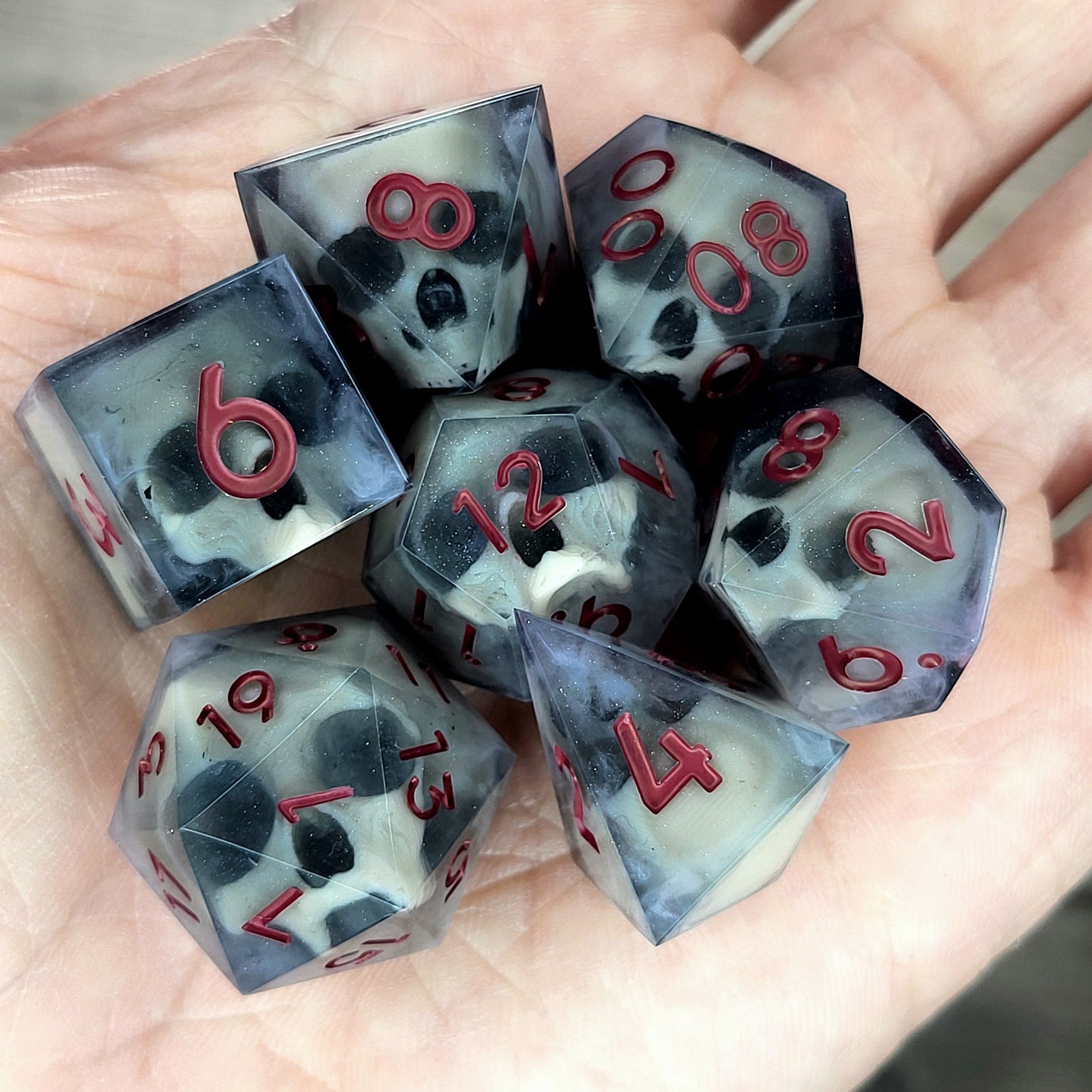 Dnd Dice set for role playing for Dungeons and Dragons with skull inside and red numbers