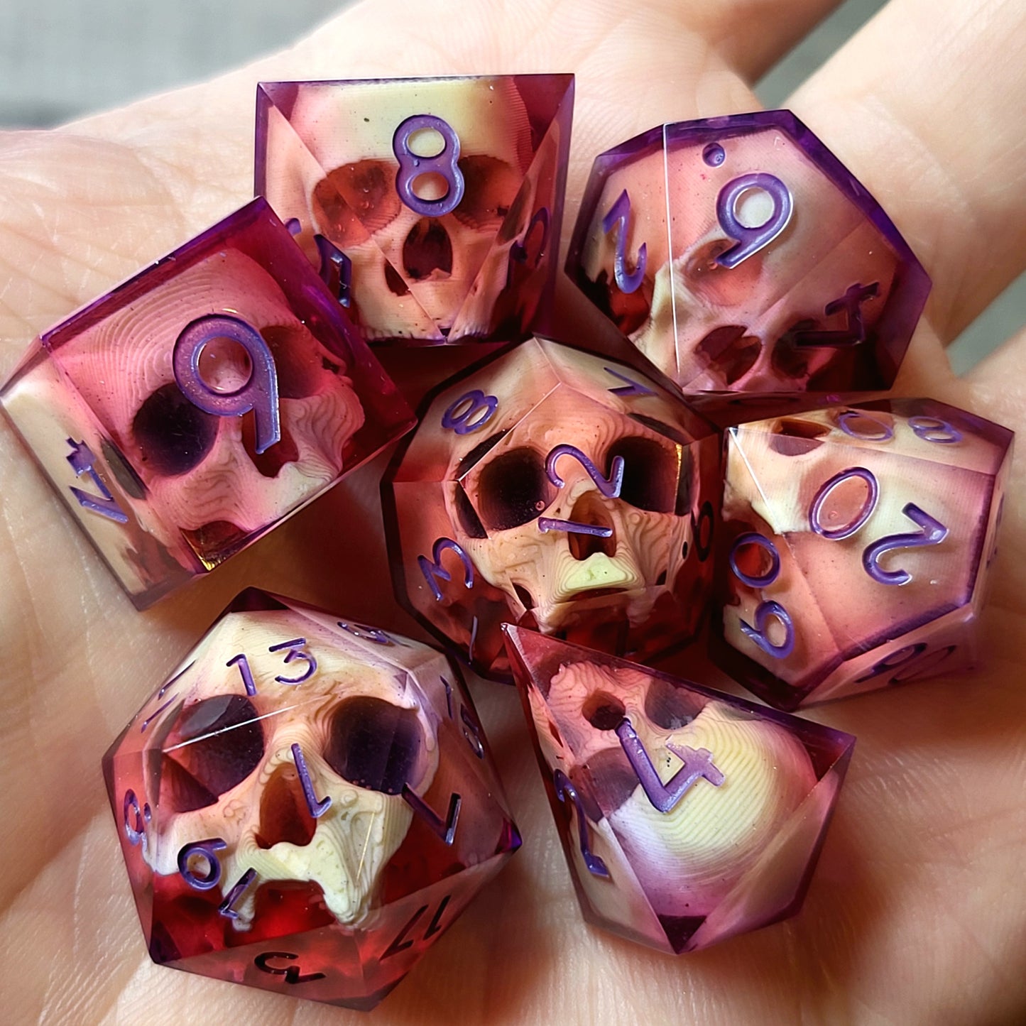 Dnd Dice set for role playing for Dungeons and Dragons with skull inside and purple numbers