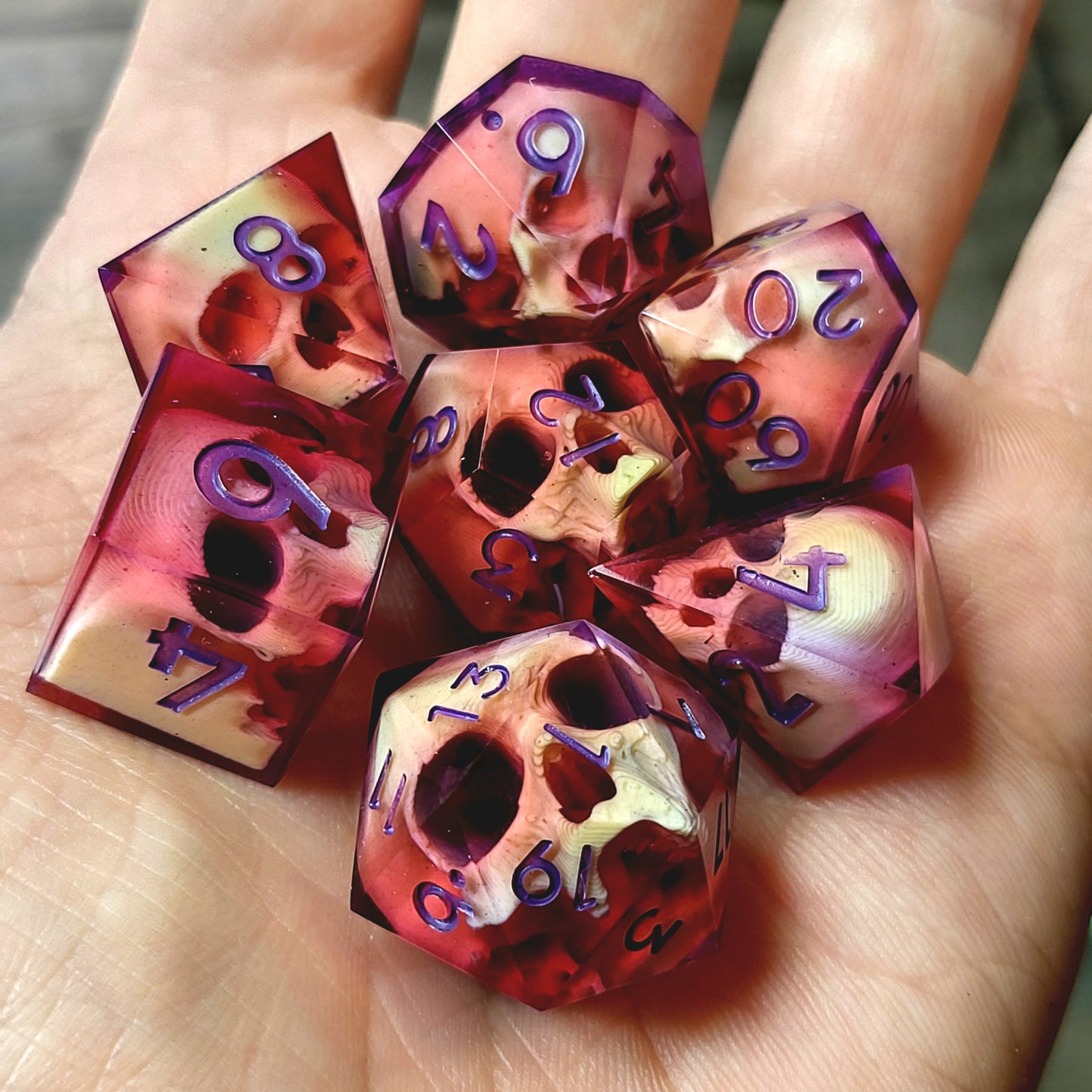 Dnd Dice set for role playing for Dungeons and Dragons with skull inside and purple numbers