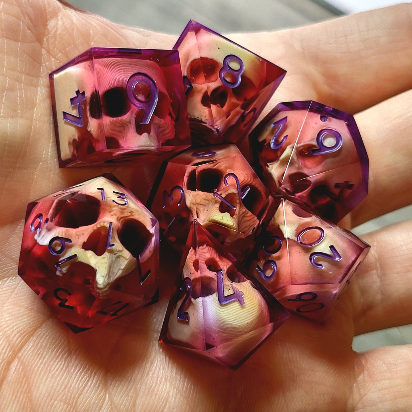 Dnd Dice set for role playing for Dungeons and Dragons with skull inside and purple numbers