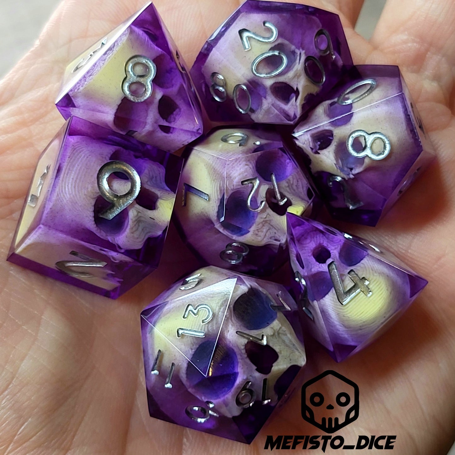 Dnd Dice set for role playing for Dungeons and Dragons with skull inside and silver numbers