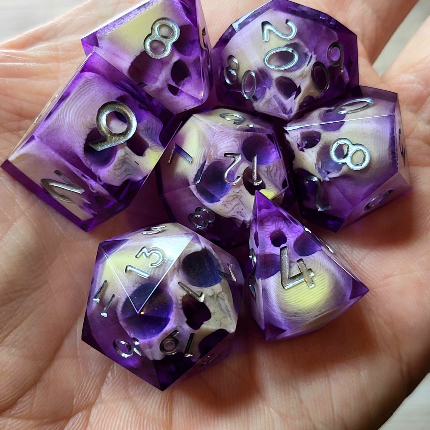 Dnd Dice set for role playing for Dungeons and Dragons with skull inside and silver numbers
