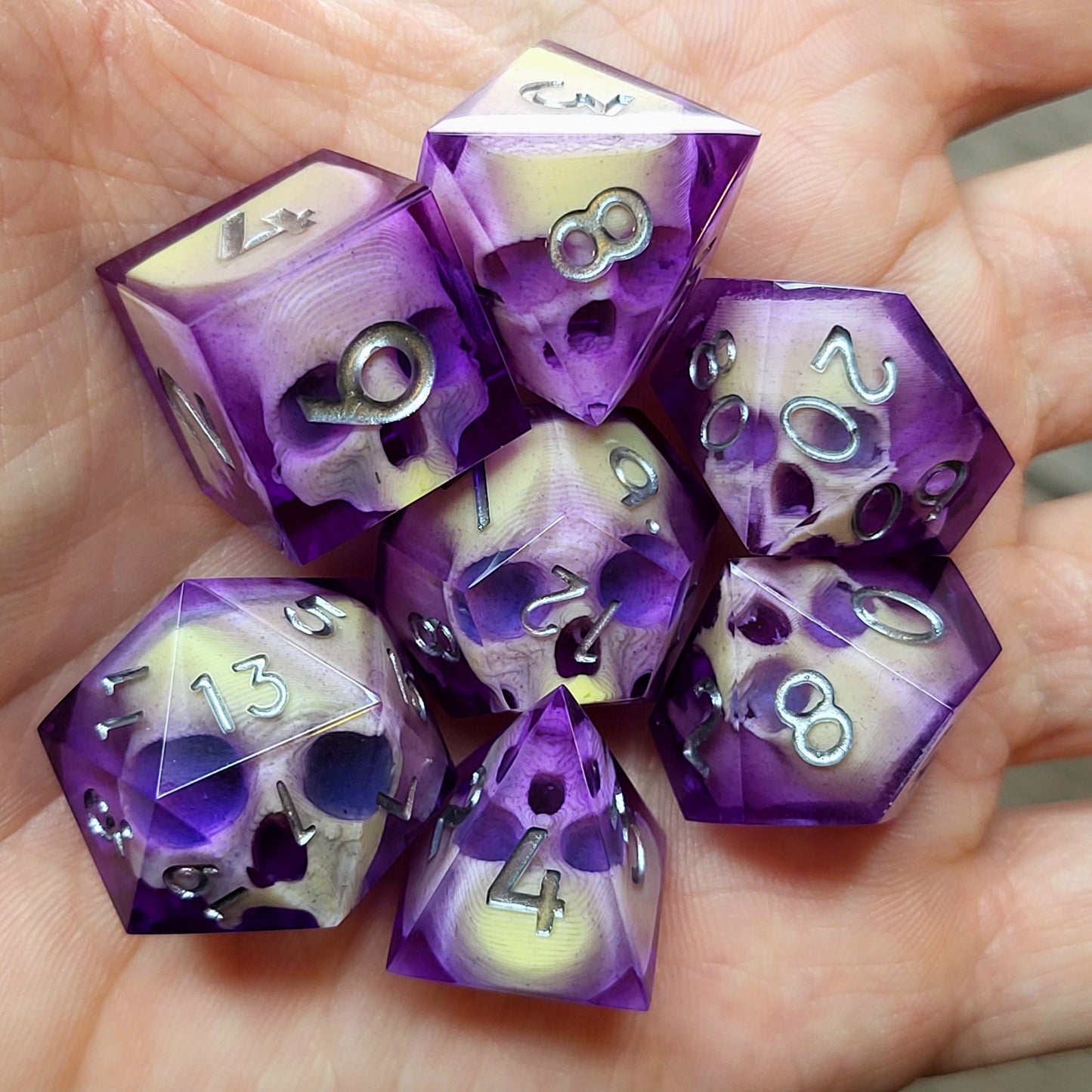 Dnd Dice set for role playing for Dungeons and Dragons with skull inside and silver numbers