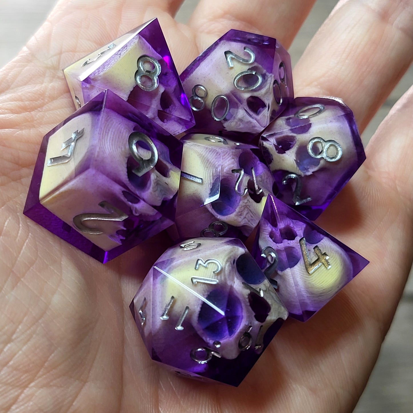 Dnd Dice set for role playing for Dungeons and Dragons with skull inside and silver numbers