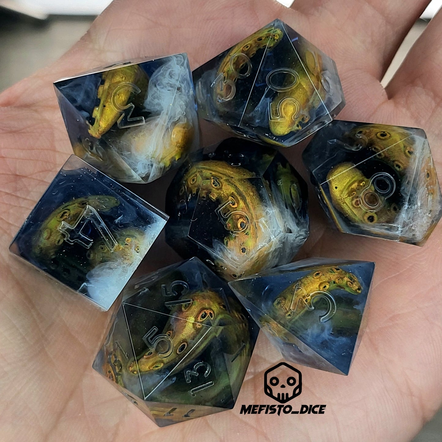 Dice set with white tentacles inside and for play dnd , dungeons and dragons and Call of Cthulhu